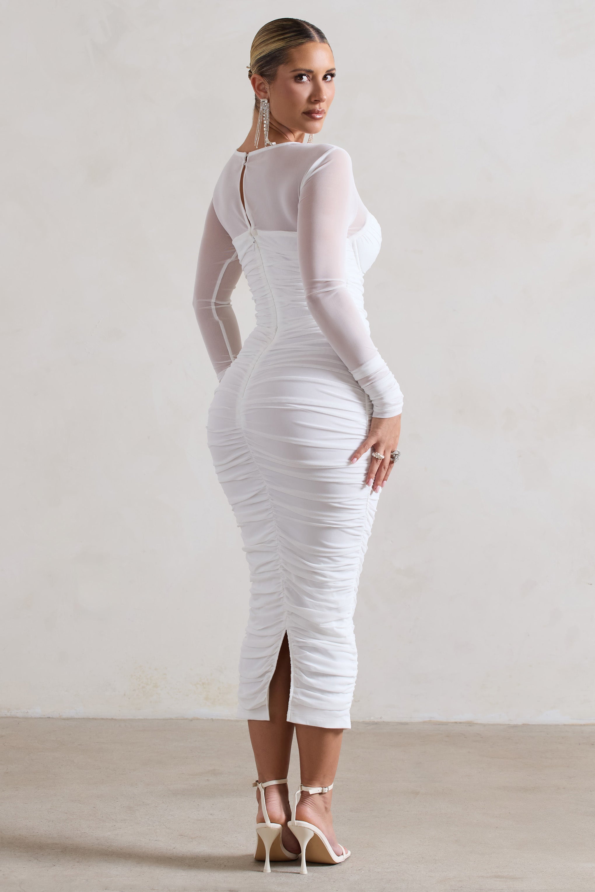 White Ruched Cut-Out Long-Sleeve Midi Dress