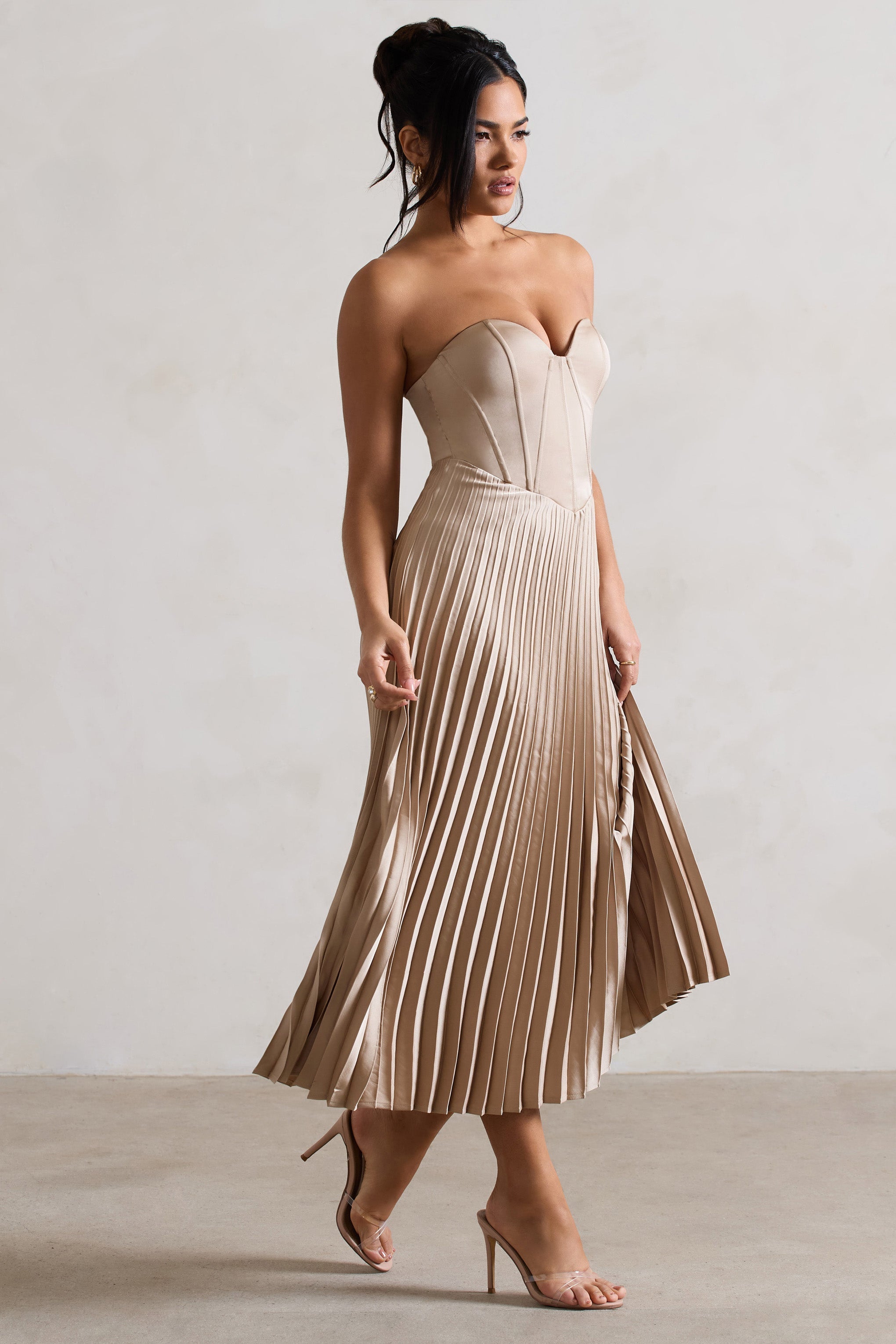 Champagne Satin Corset Style Midi Dress