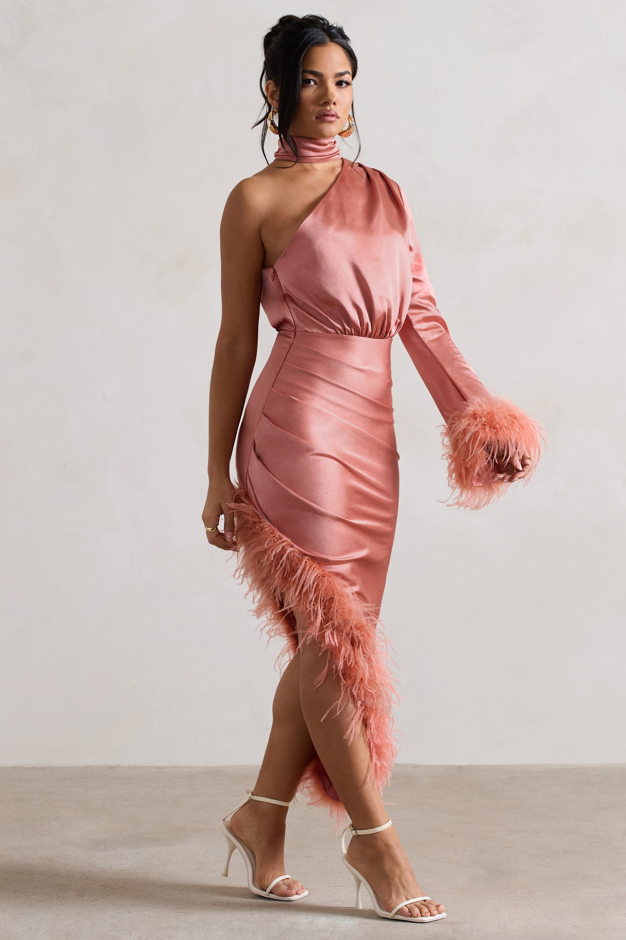 Coral Satin Asymmetric One Sleeve Maxi Dress With Feather Trims