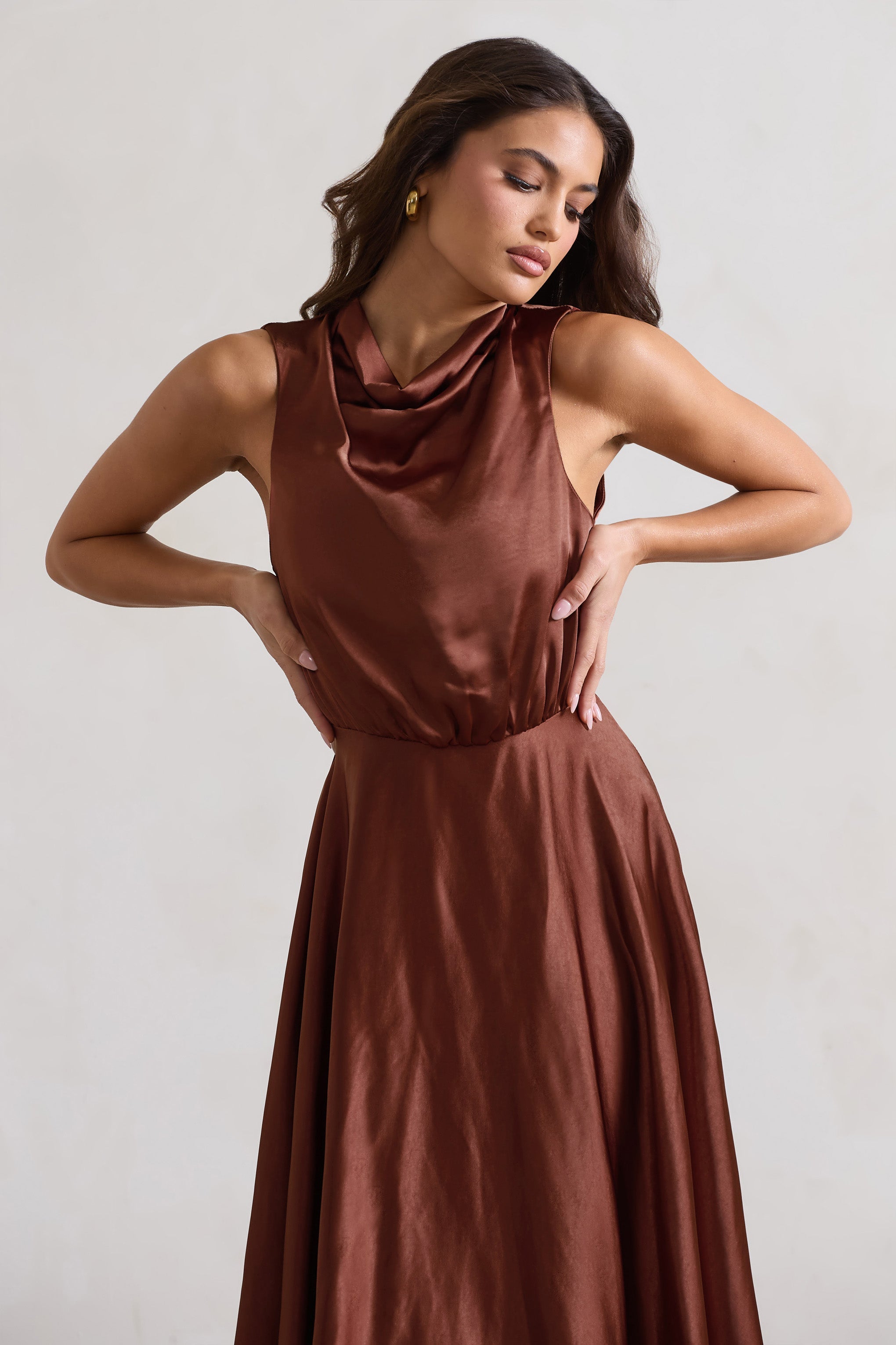 Chocolate Brown Satin Cowl-Neck Maxi Dress