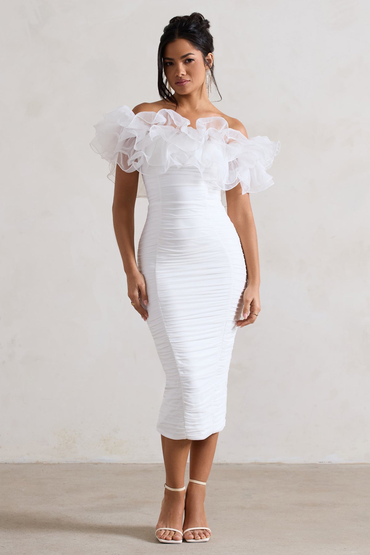 White Ruched Bardot Midi Dress With Organza Trim