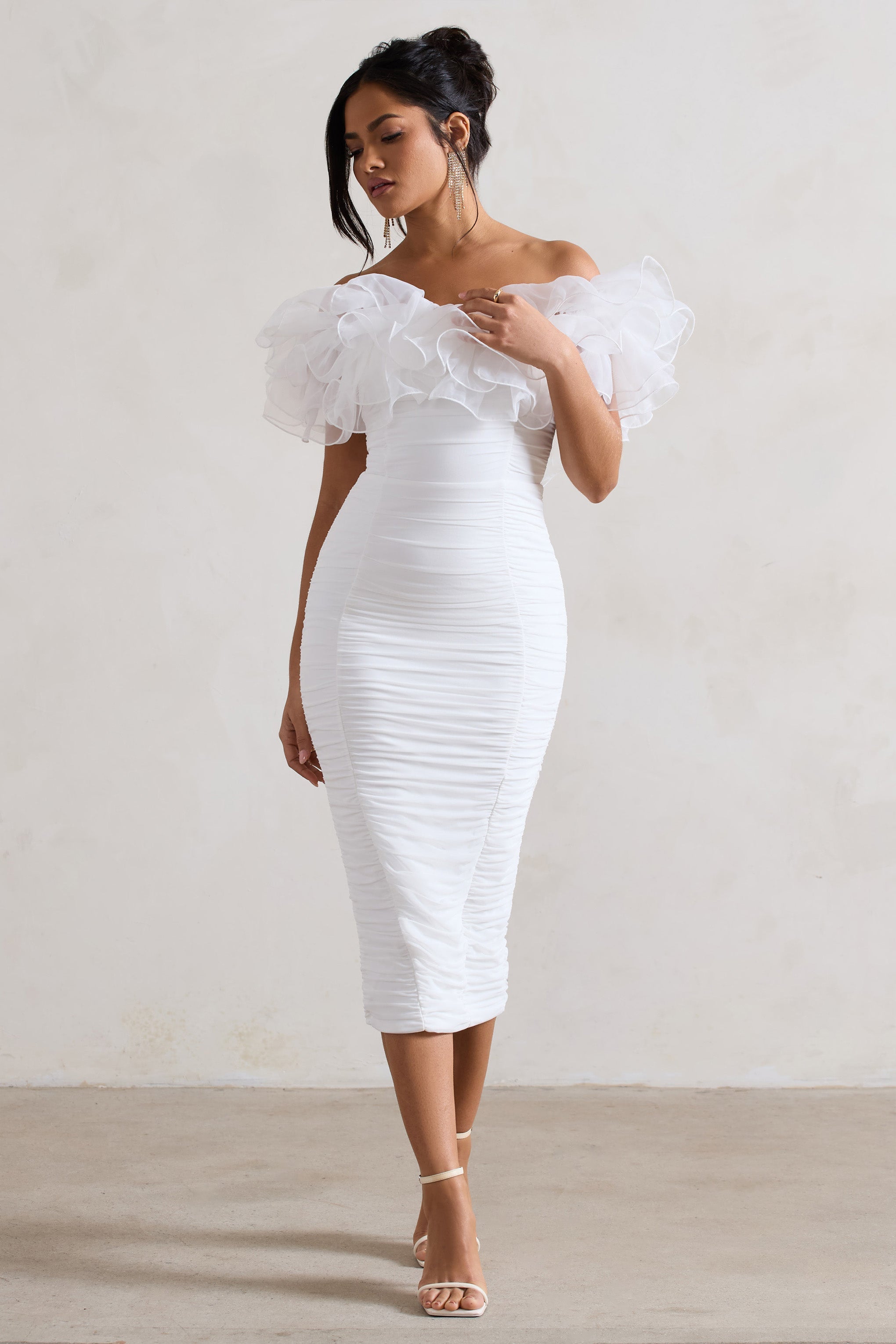 White Ruched Bardot Midi Dress With Organza Trim