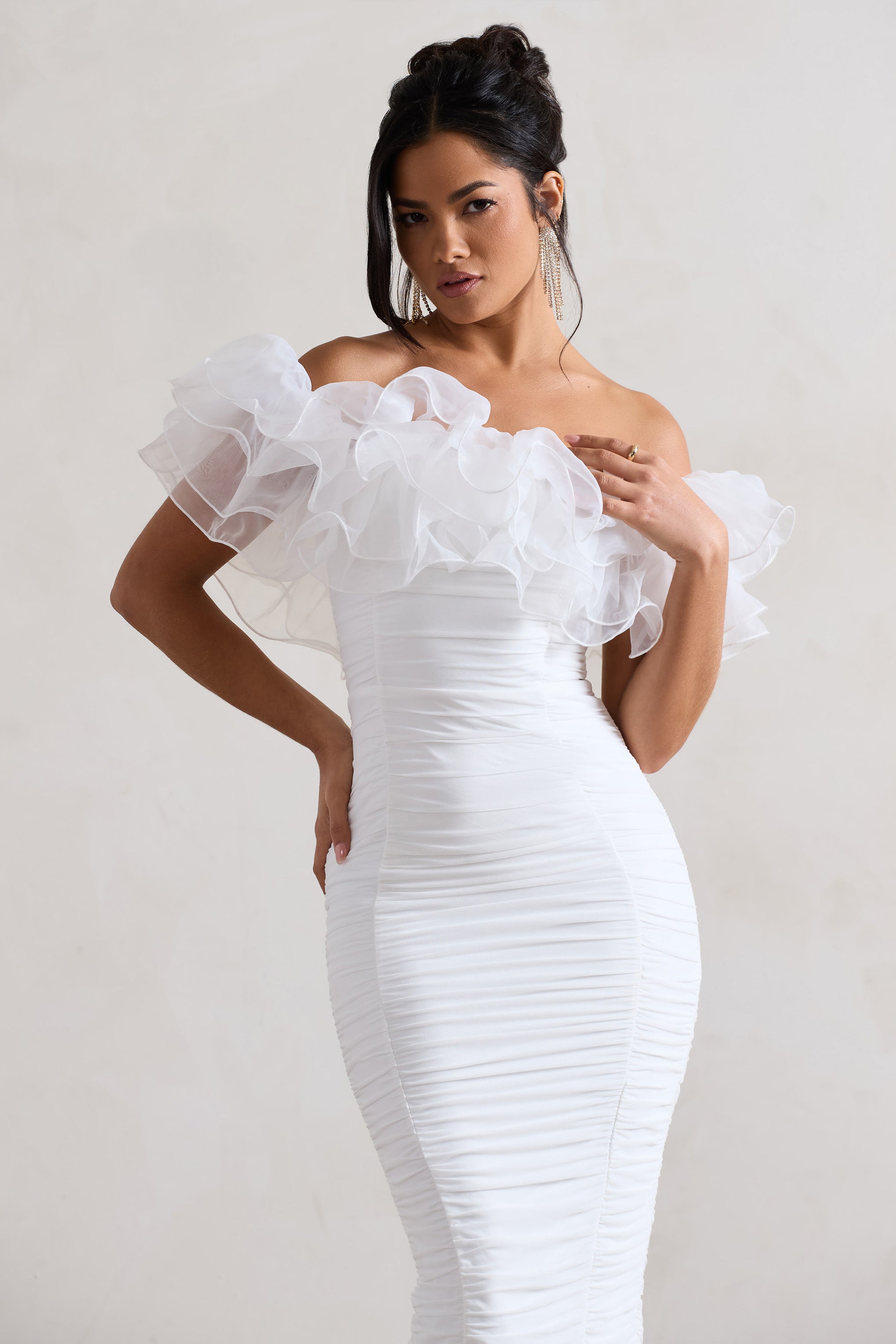White Ruched Bardot Midi Dress With Organza Trim
