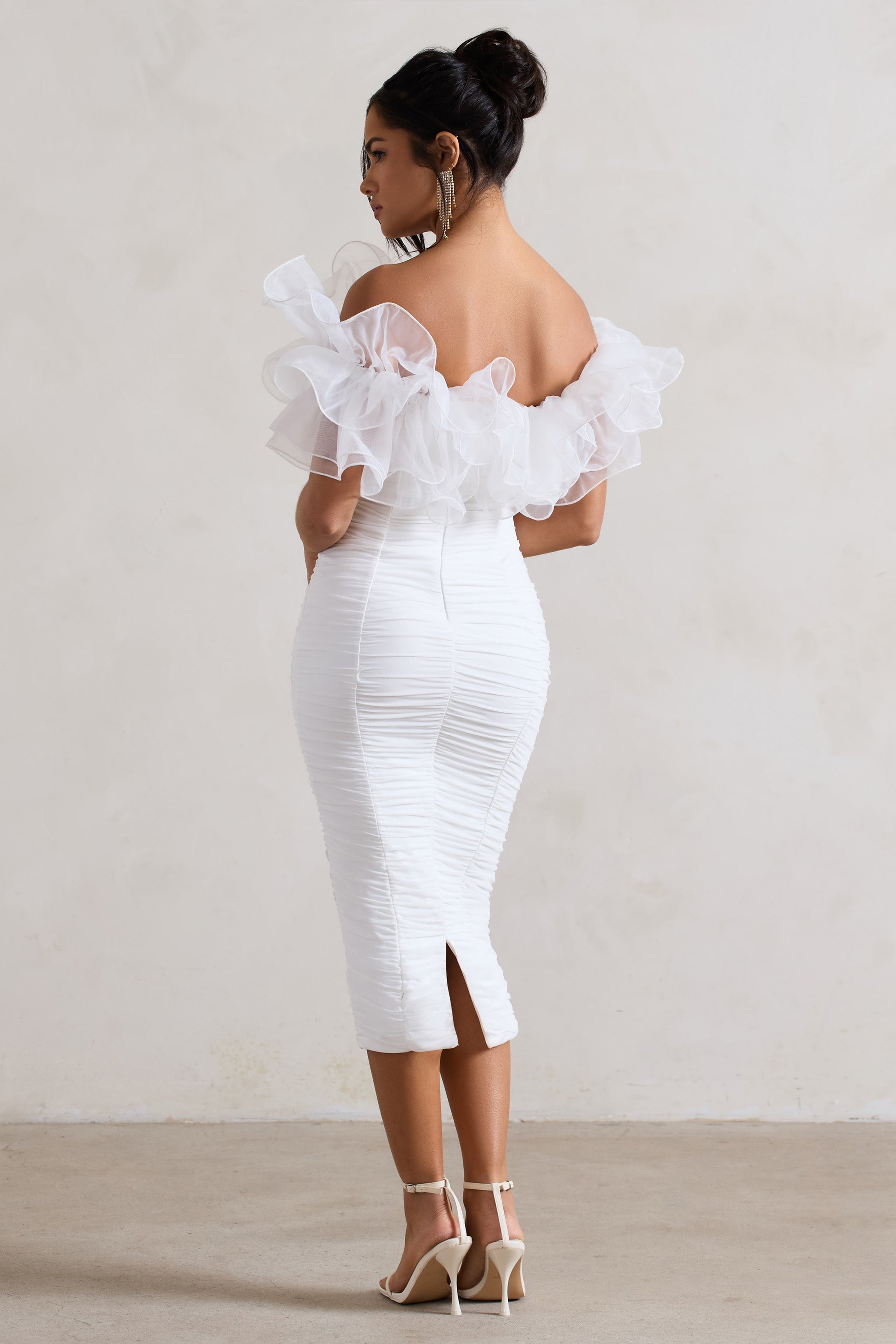 White Ruched Bardot Midi Dress With Organza Trim