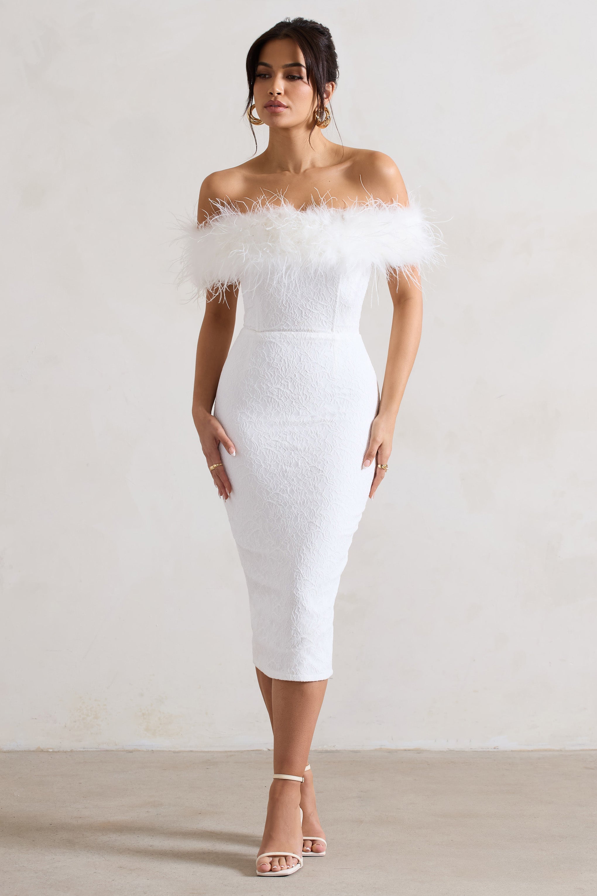 White Lace Bardot Midi Dress With Feather Trim