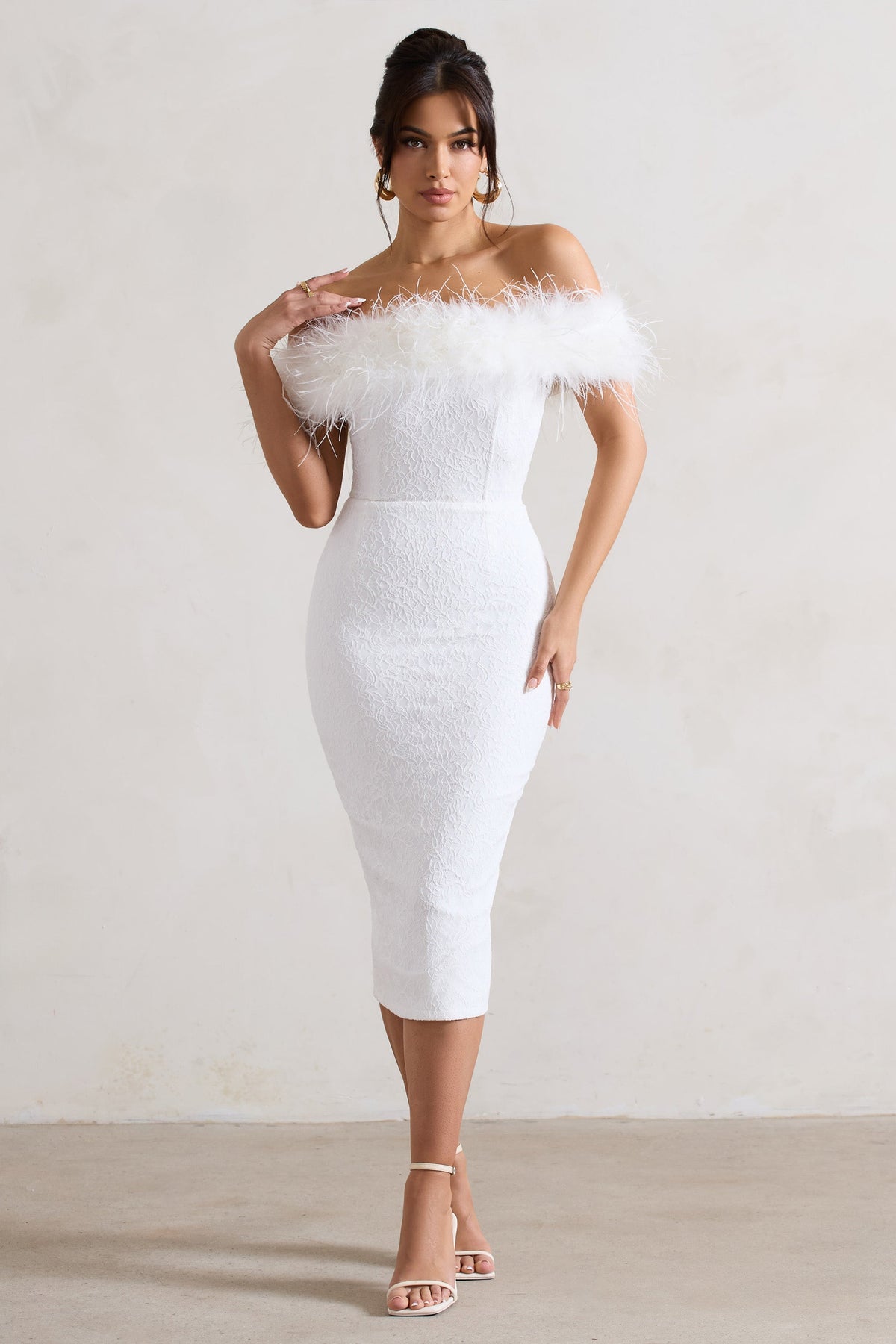White Lace Bardot Midi Dress With Feather Trim