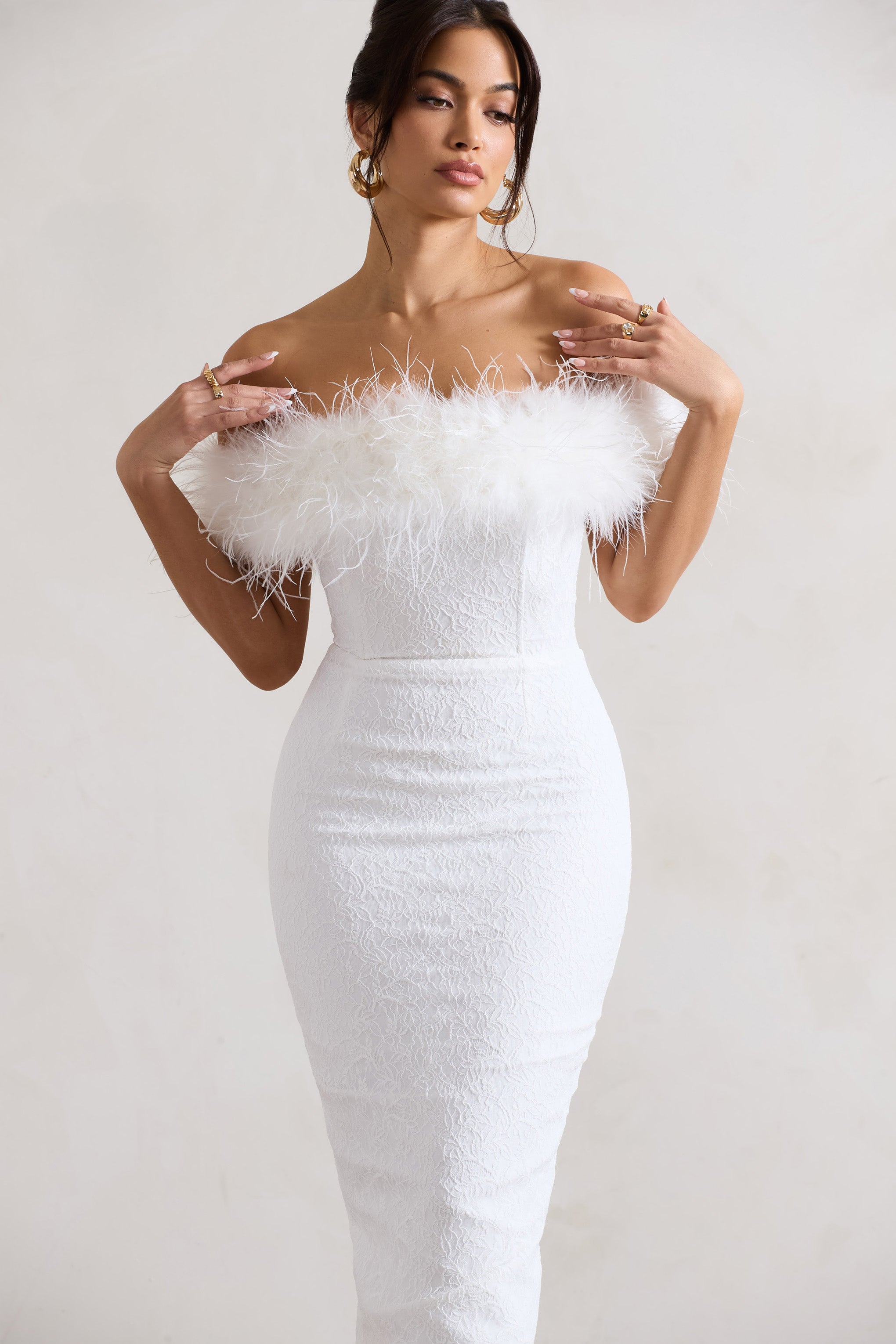 White Lace Bardot Midi Dress With Feather Trim