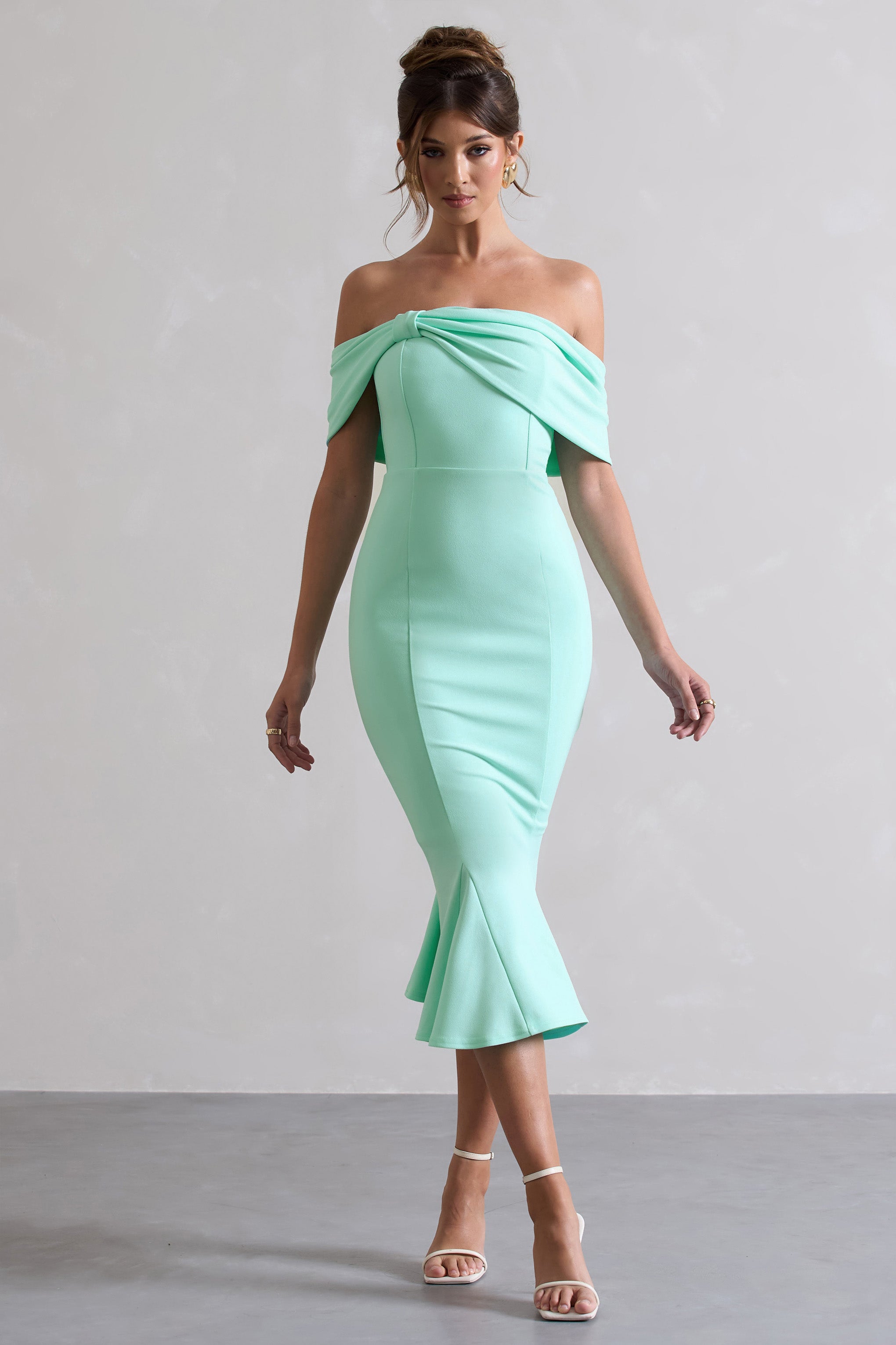 Mint Bardot Bow Detail Midi Dress