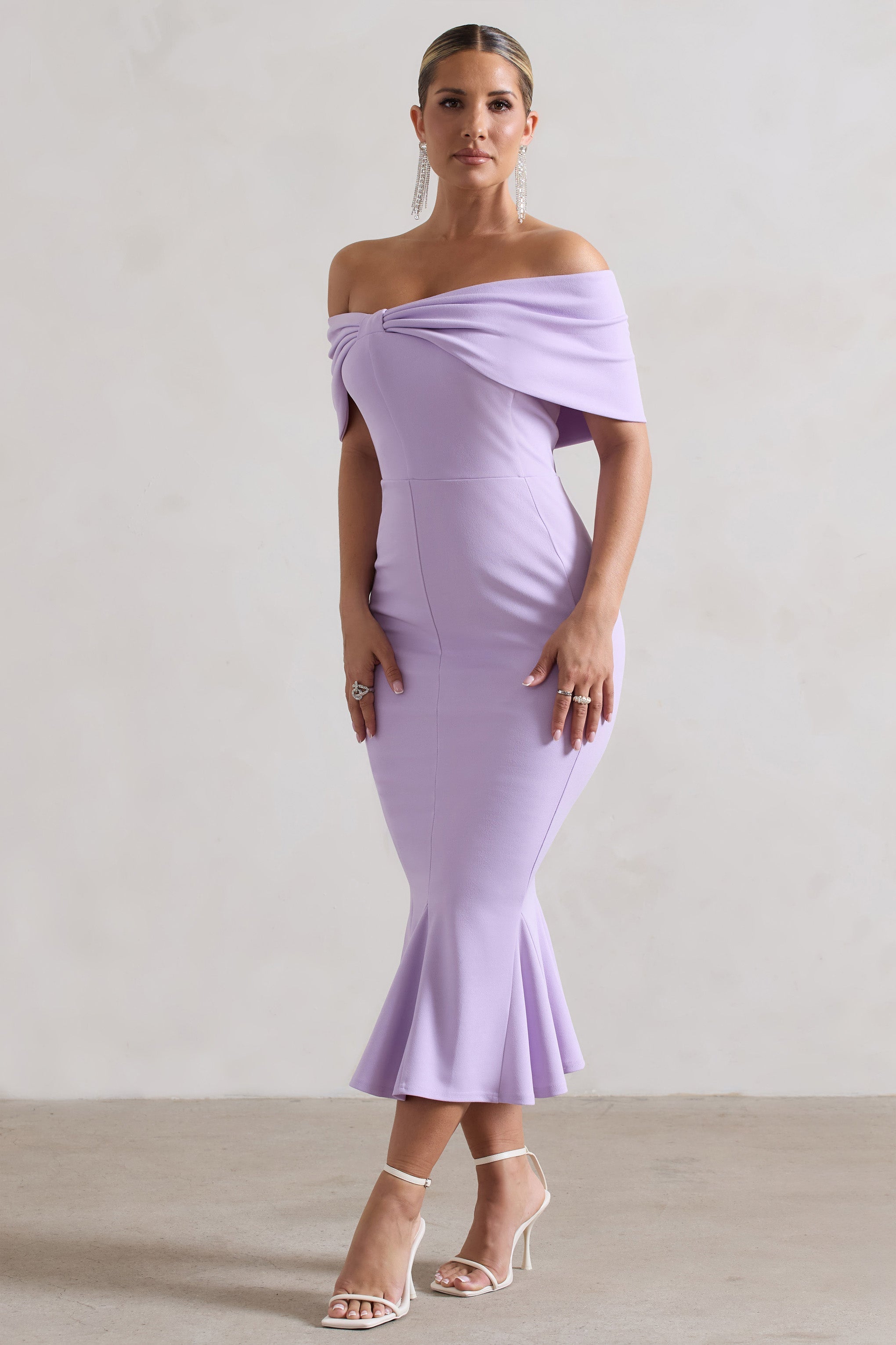 Pastel Lilac Bardot Bow Detail Midi Dress