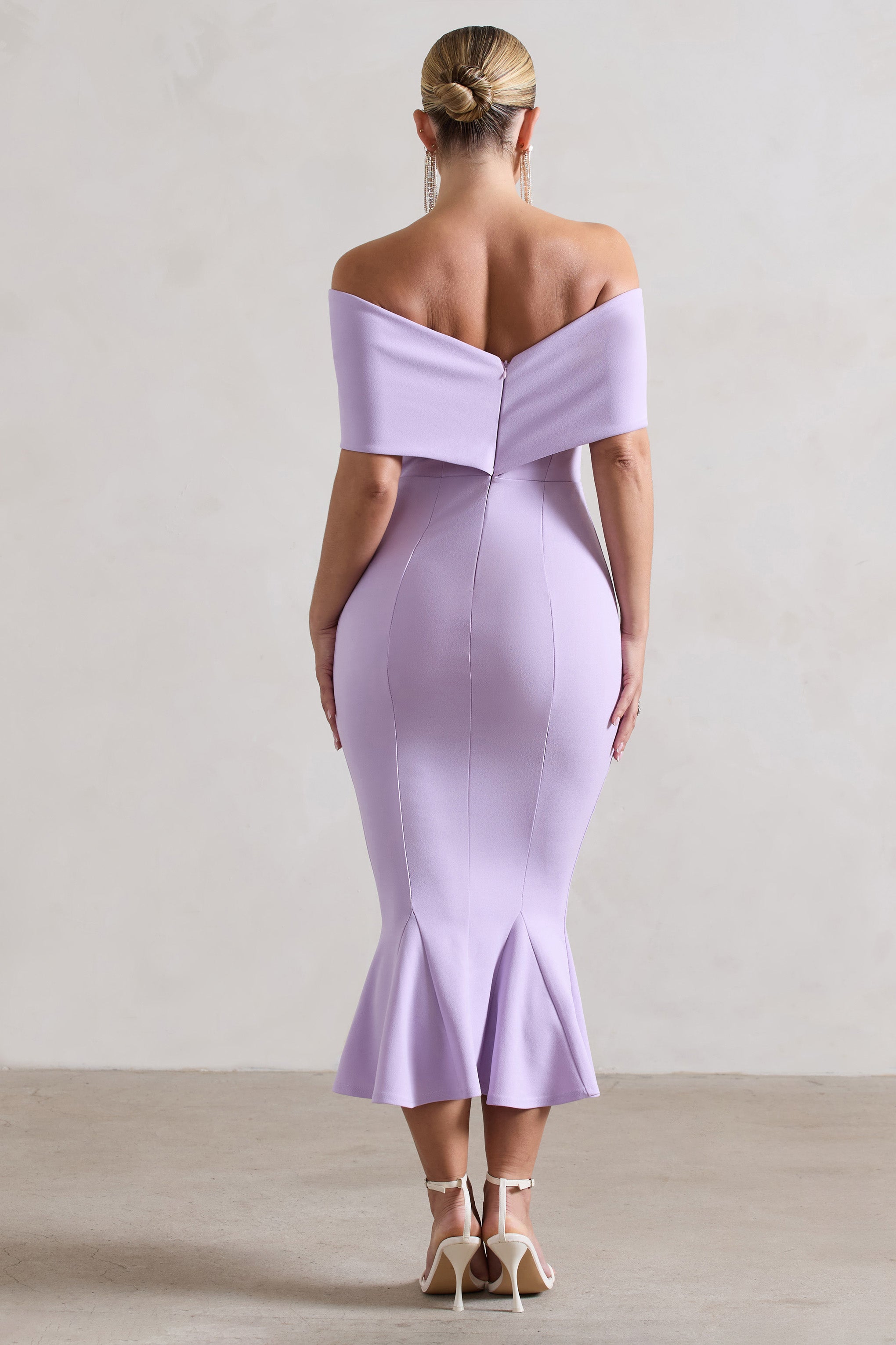 Pastel Lilac Bardot Bow Detail Midi Dress