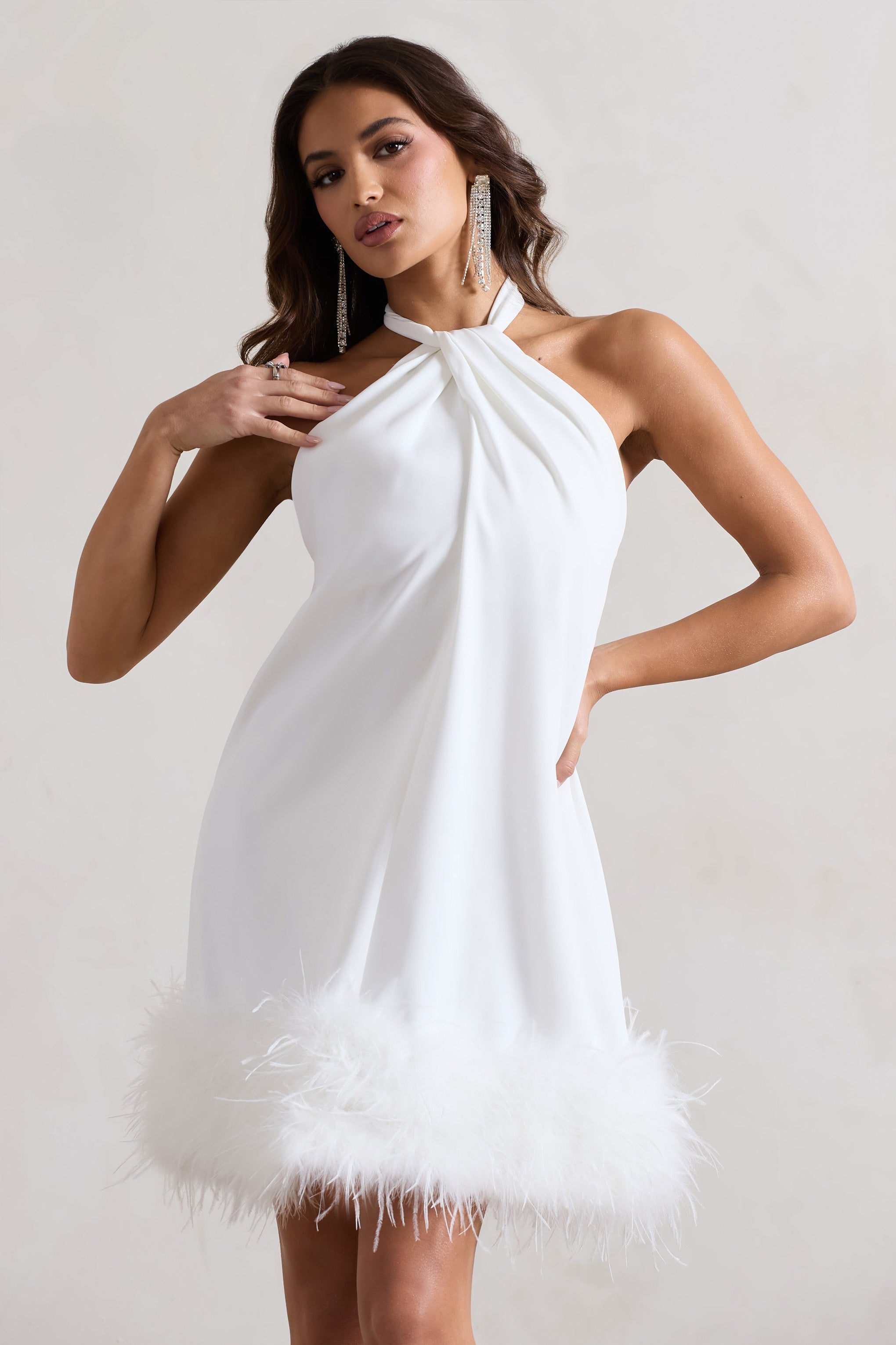 White Halter-Neck Smock Mini Dress With Feather Hem