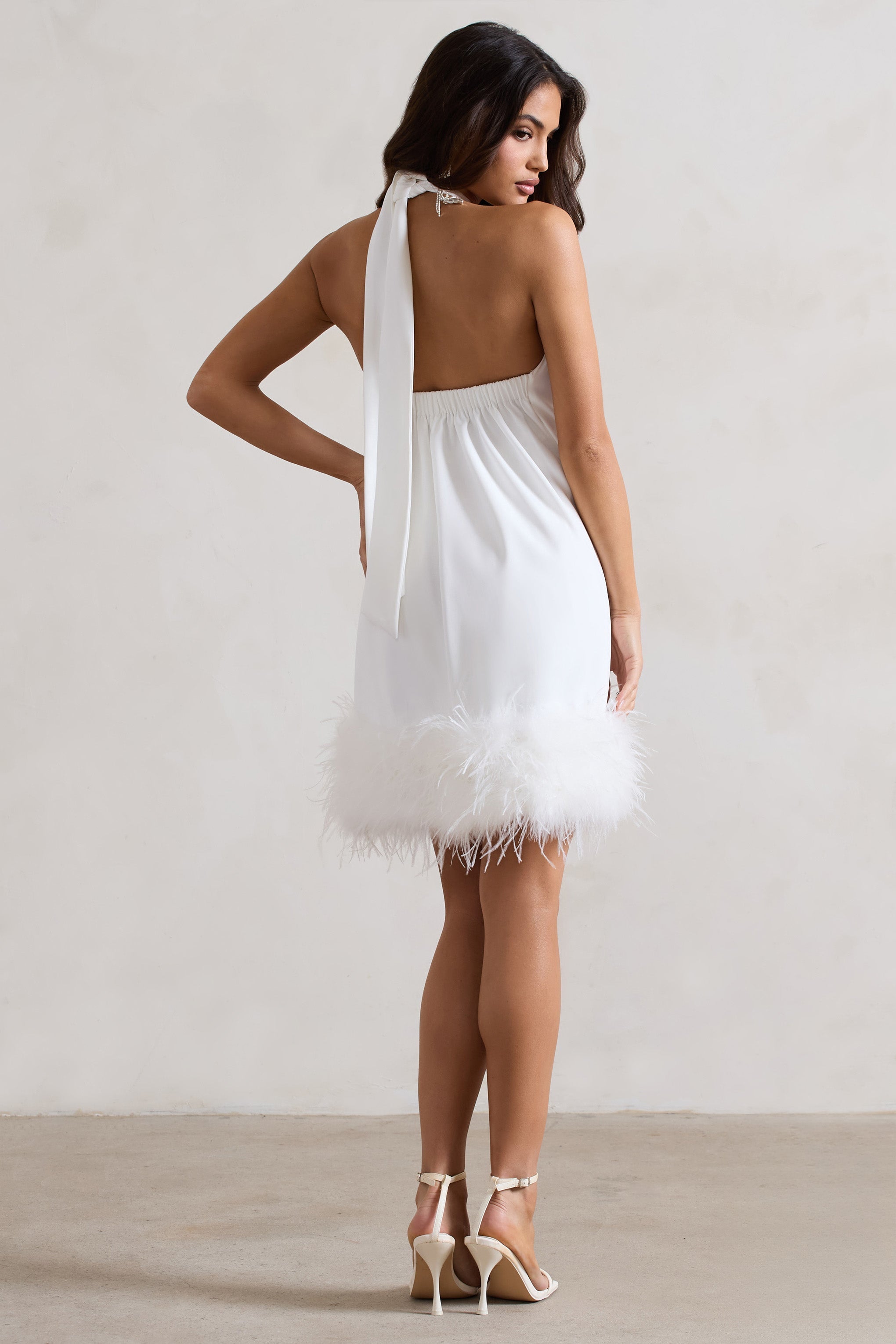 White Halter-Neck Smock Mini Dress With Feather Hem
