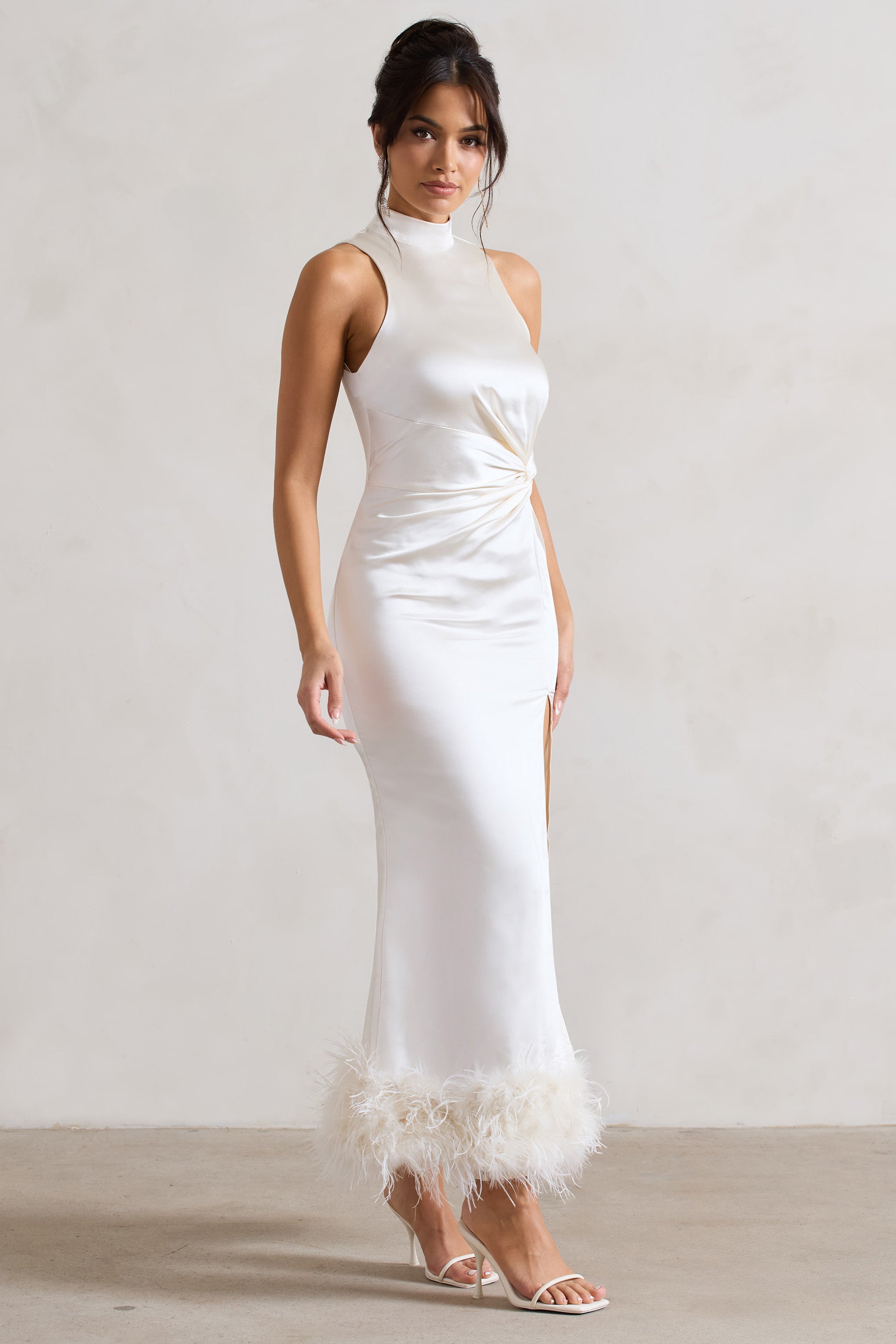 Cream Satin Twist Split Maxi Dress With Feather Trim