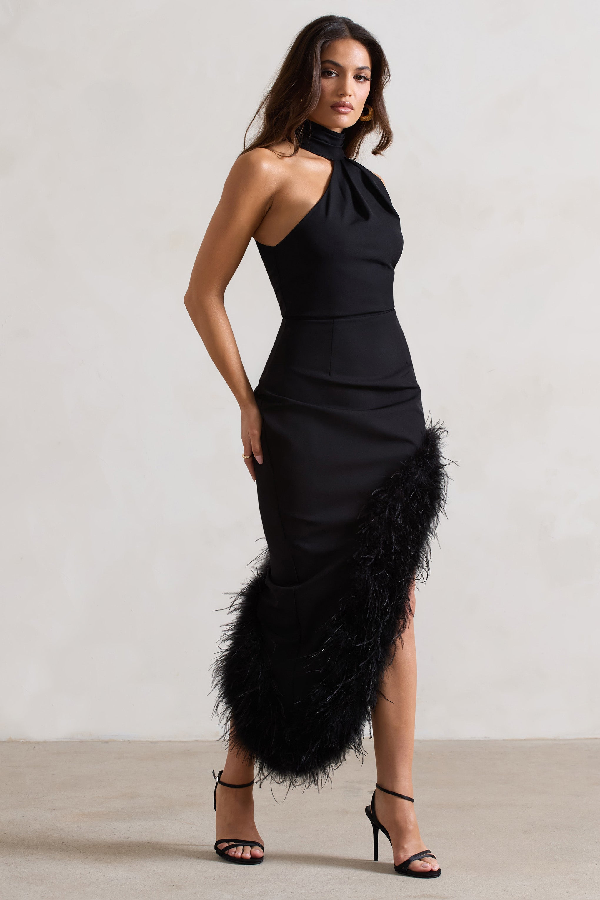 Black Asymmetric Maxi Dress With Feather Trim