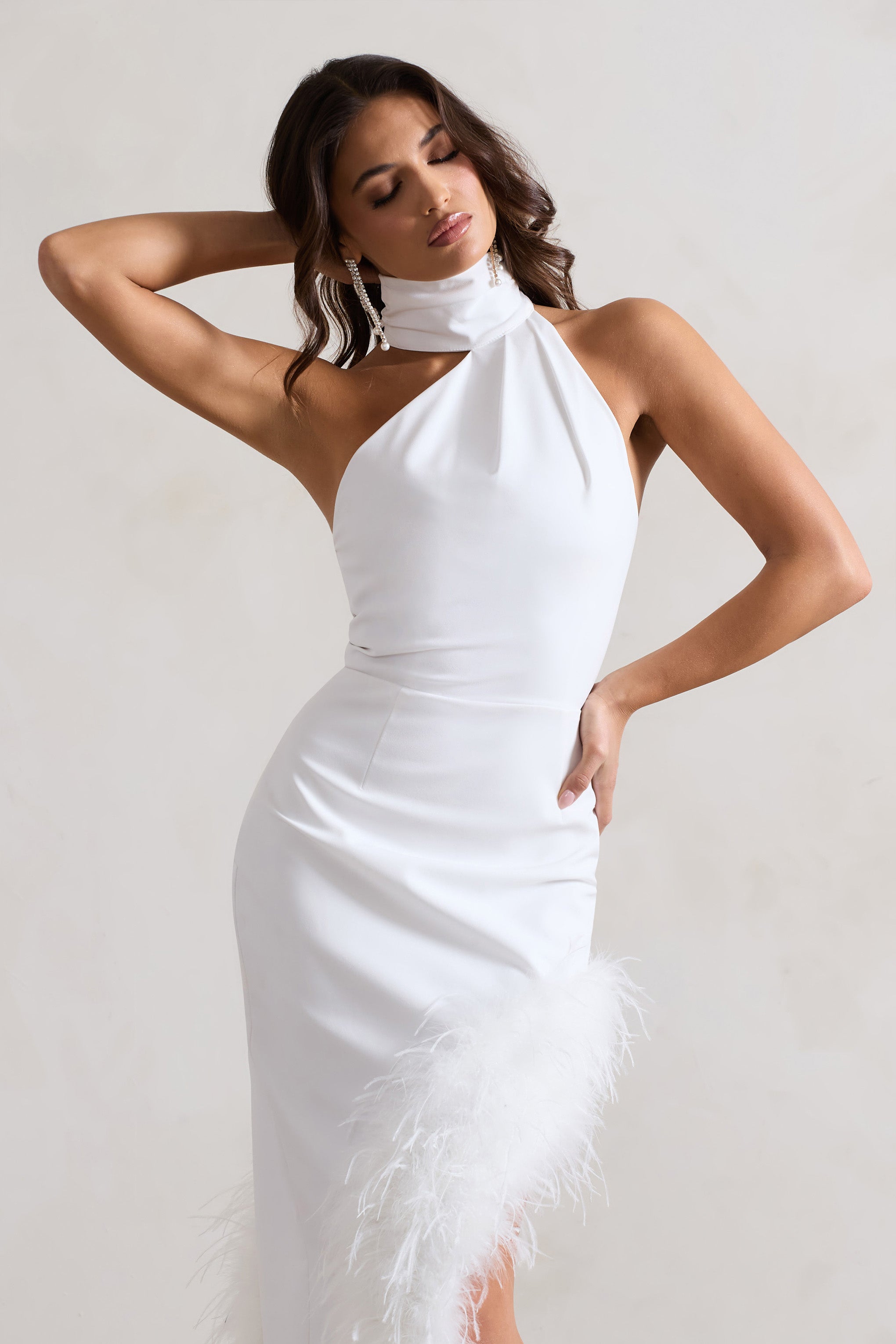White Asymmetric Maxi Dress With Feather Trim