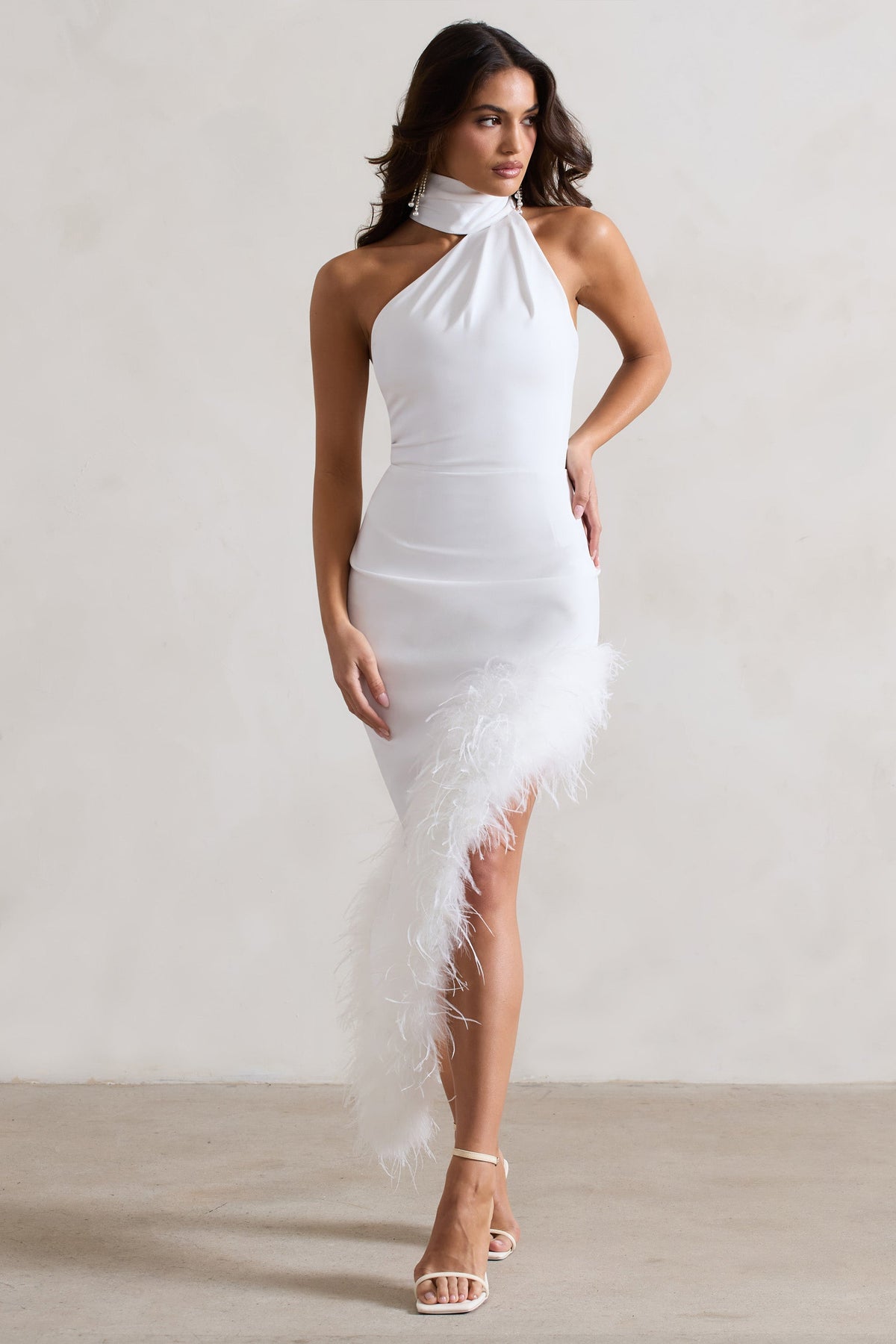 White Asymmetric Maxi Dress With Feather Trim