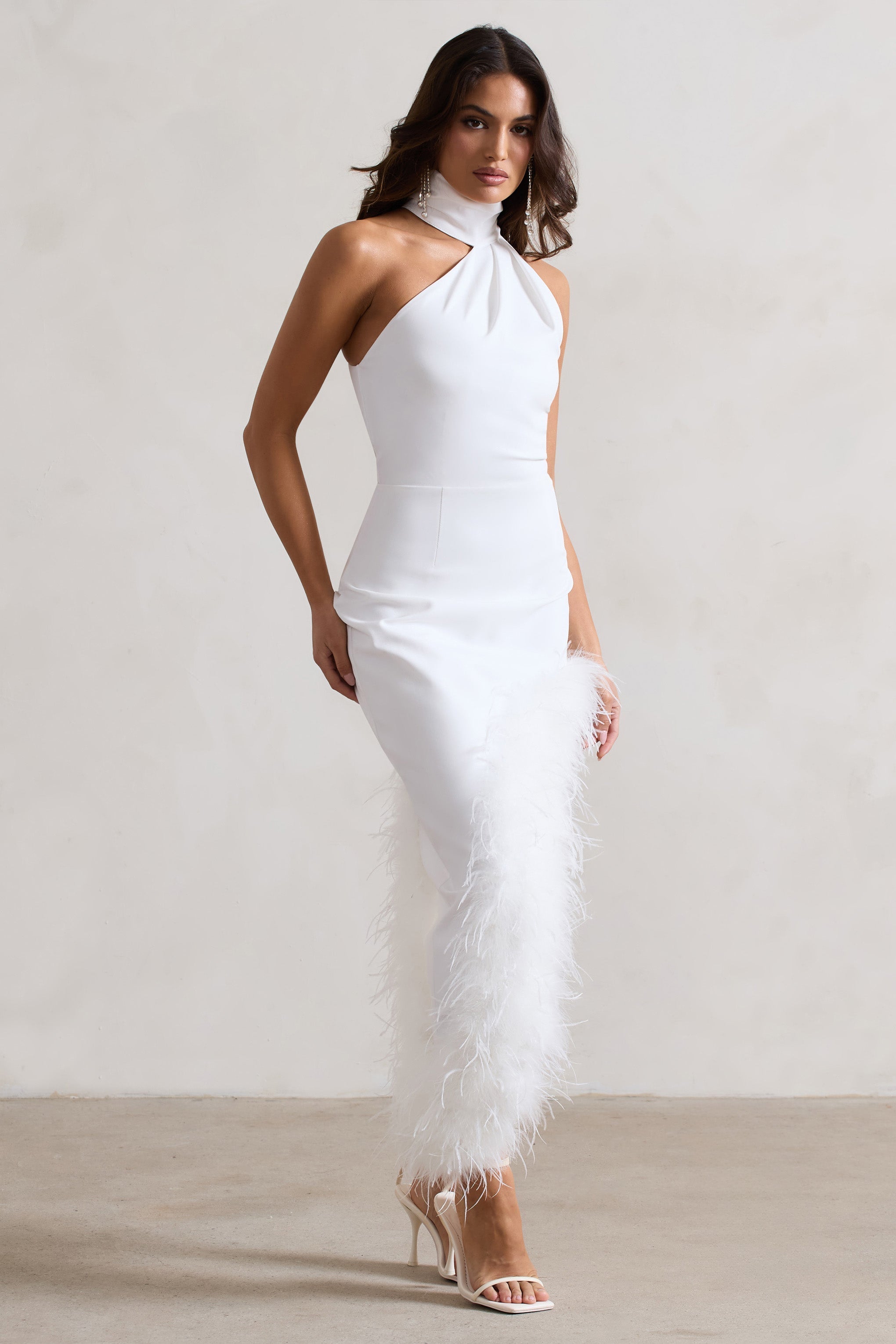 White Asymmetric Maxi Dress With Feather Trim