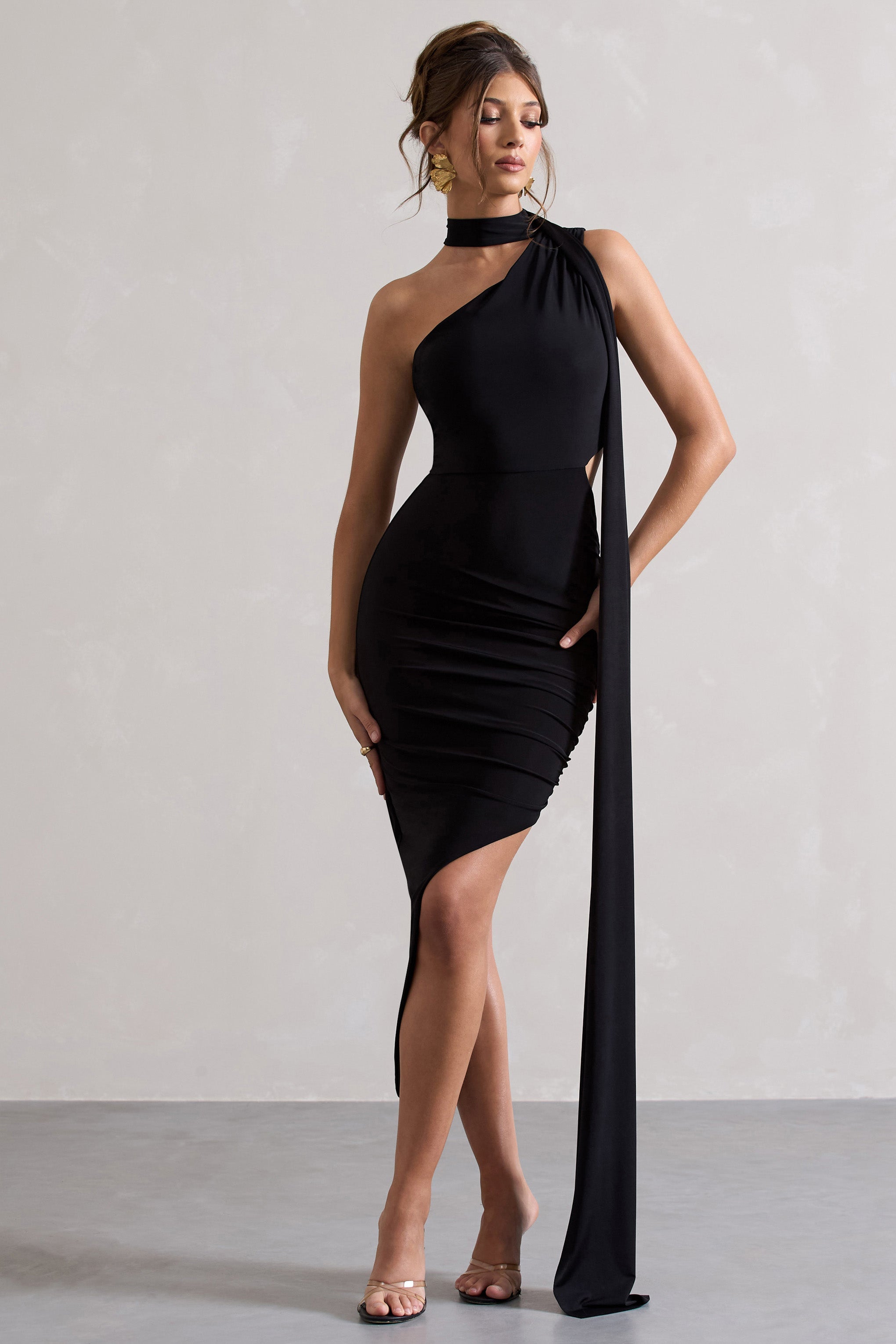 Black One Shoulder Cut-Out Maxi Dress With Scarf