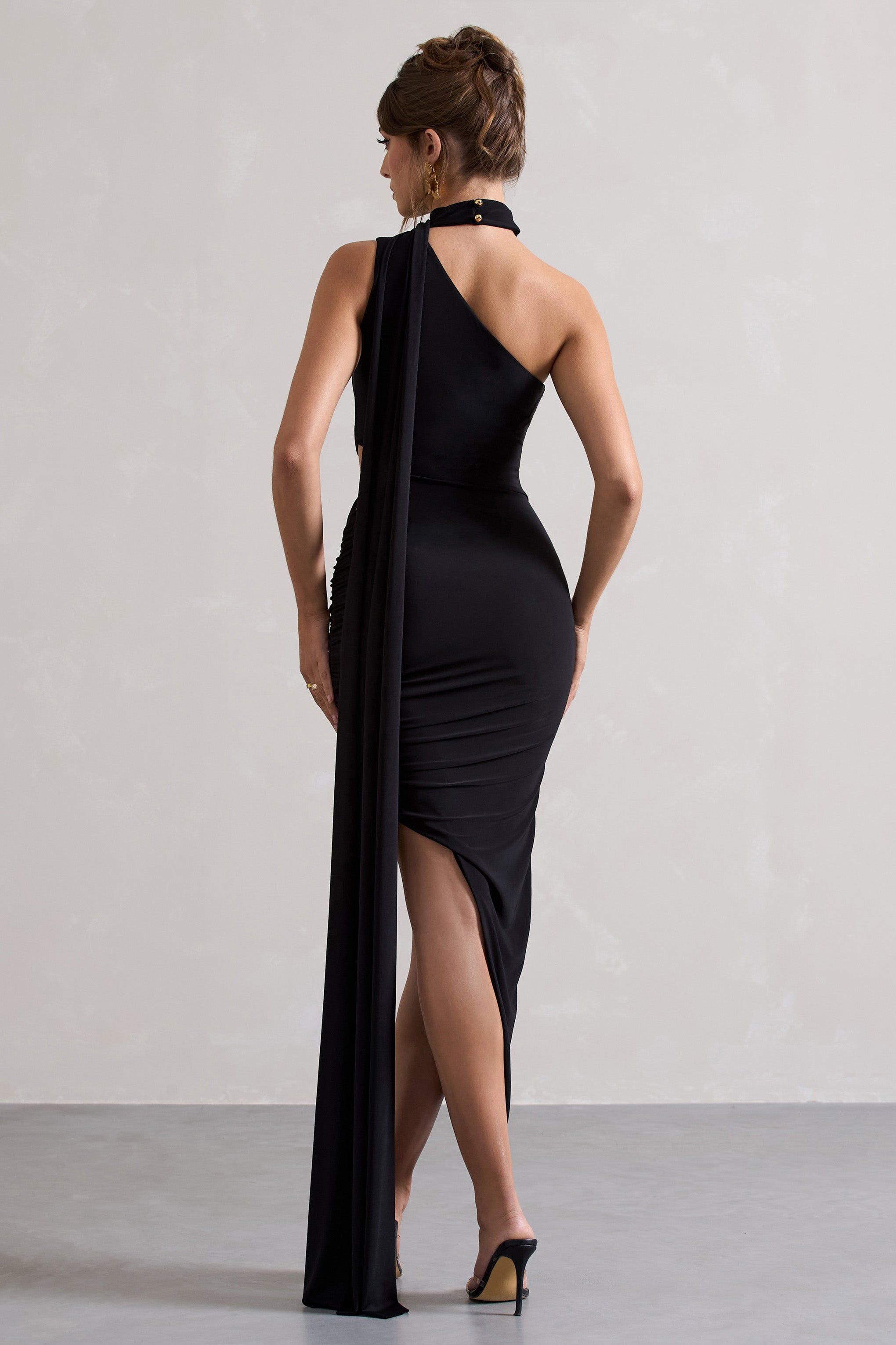 Black One Shoulder Cut-Out Maxi Dress With Scarf