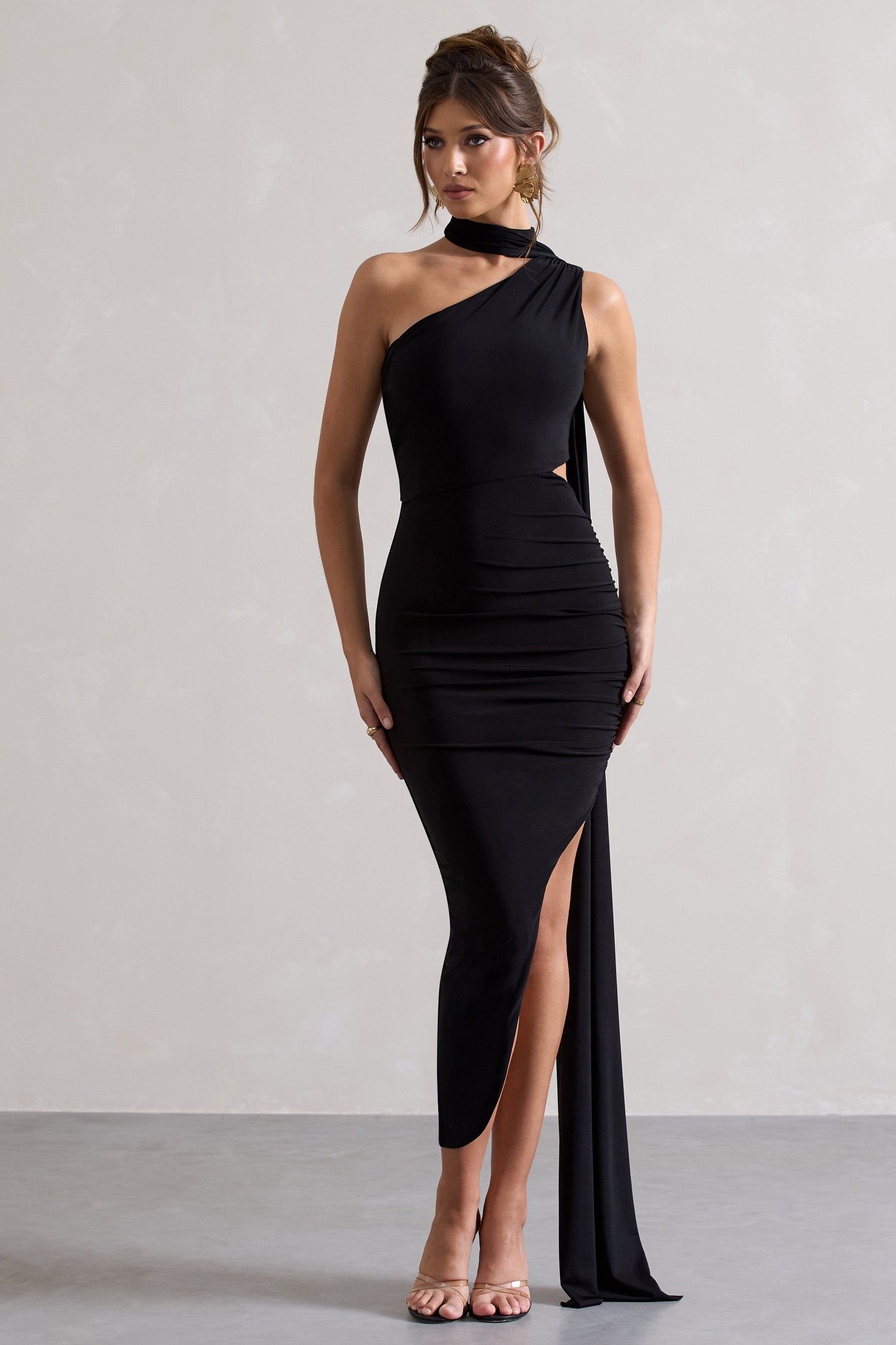 Black One Shoulder Cut-Out Maxi Dress With Scarf