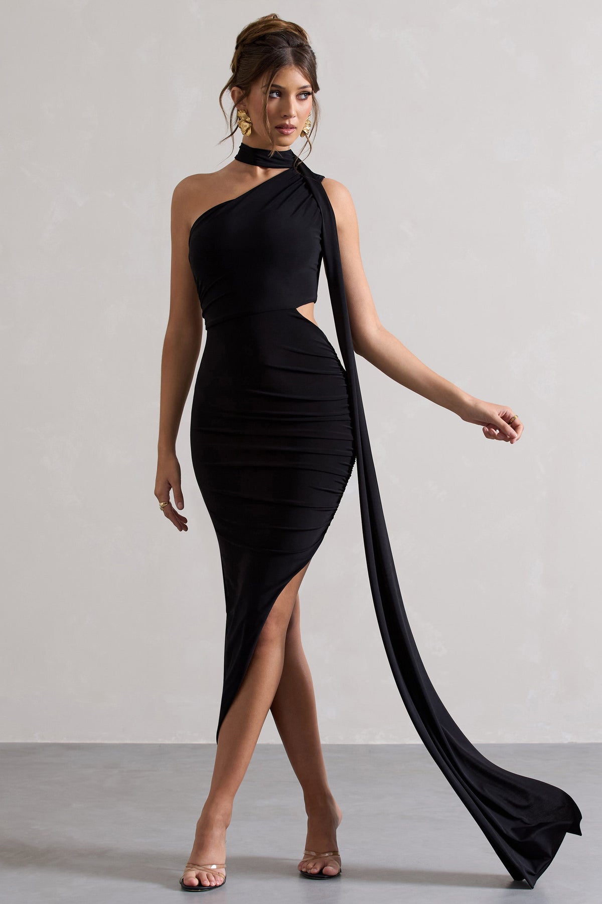 Black One Shoulder Cut-Out Maxi Dress With Scarf