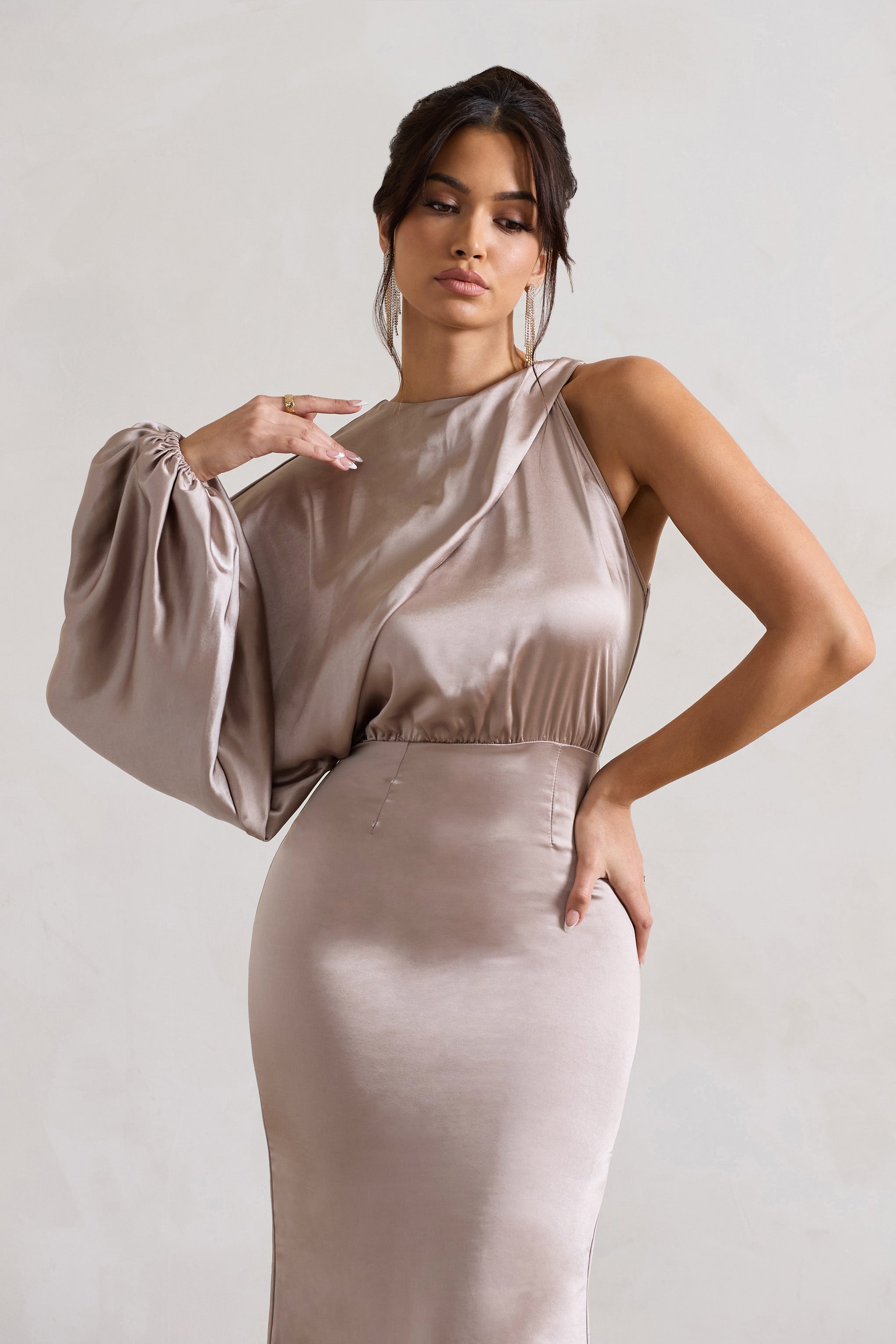Taupe Satin One-Sleeve Midi Dress