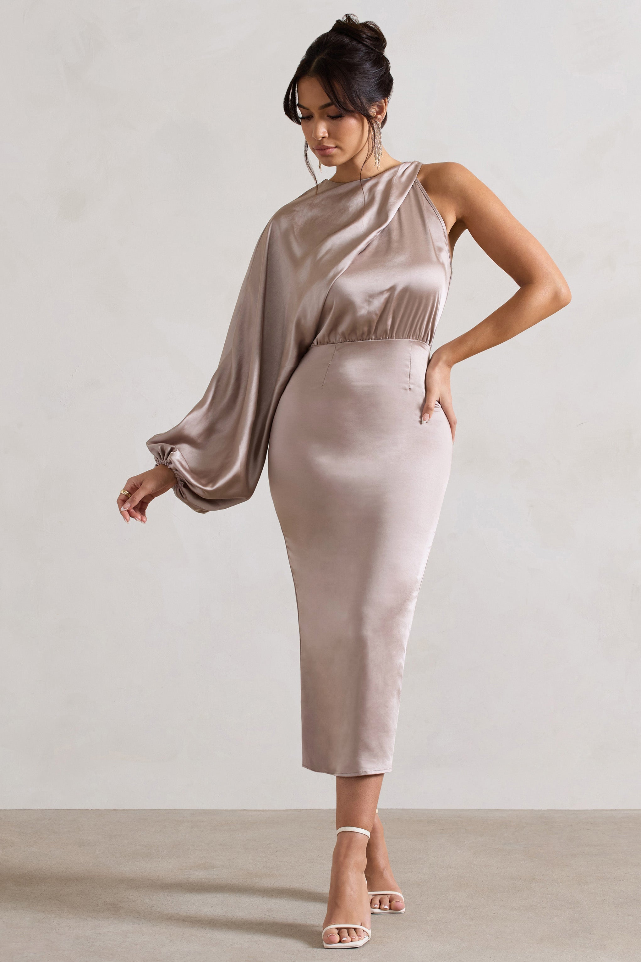 Taupe Satin One-Sleeve Midi Dress