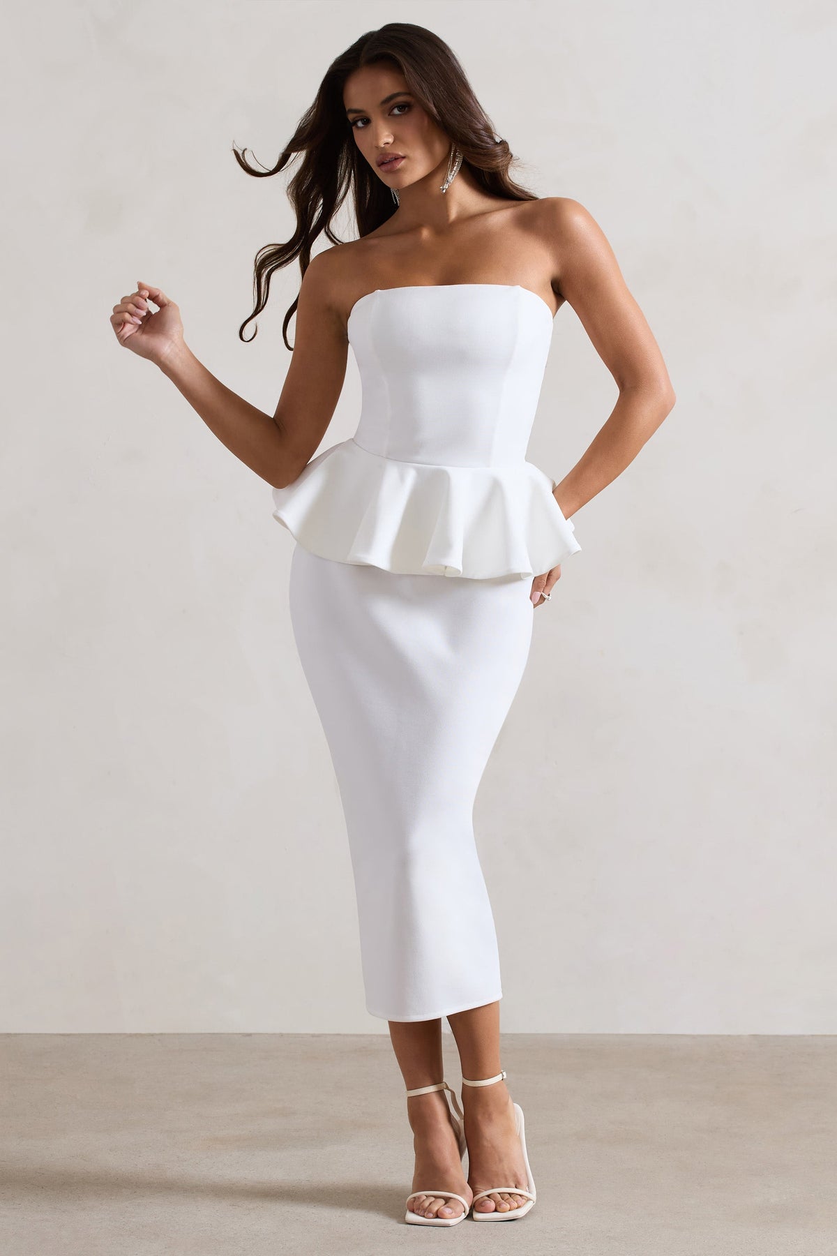 White Bodycon Bandeau Midi Dress With Peplum Detail