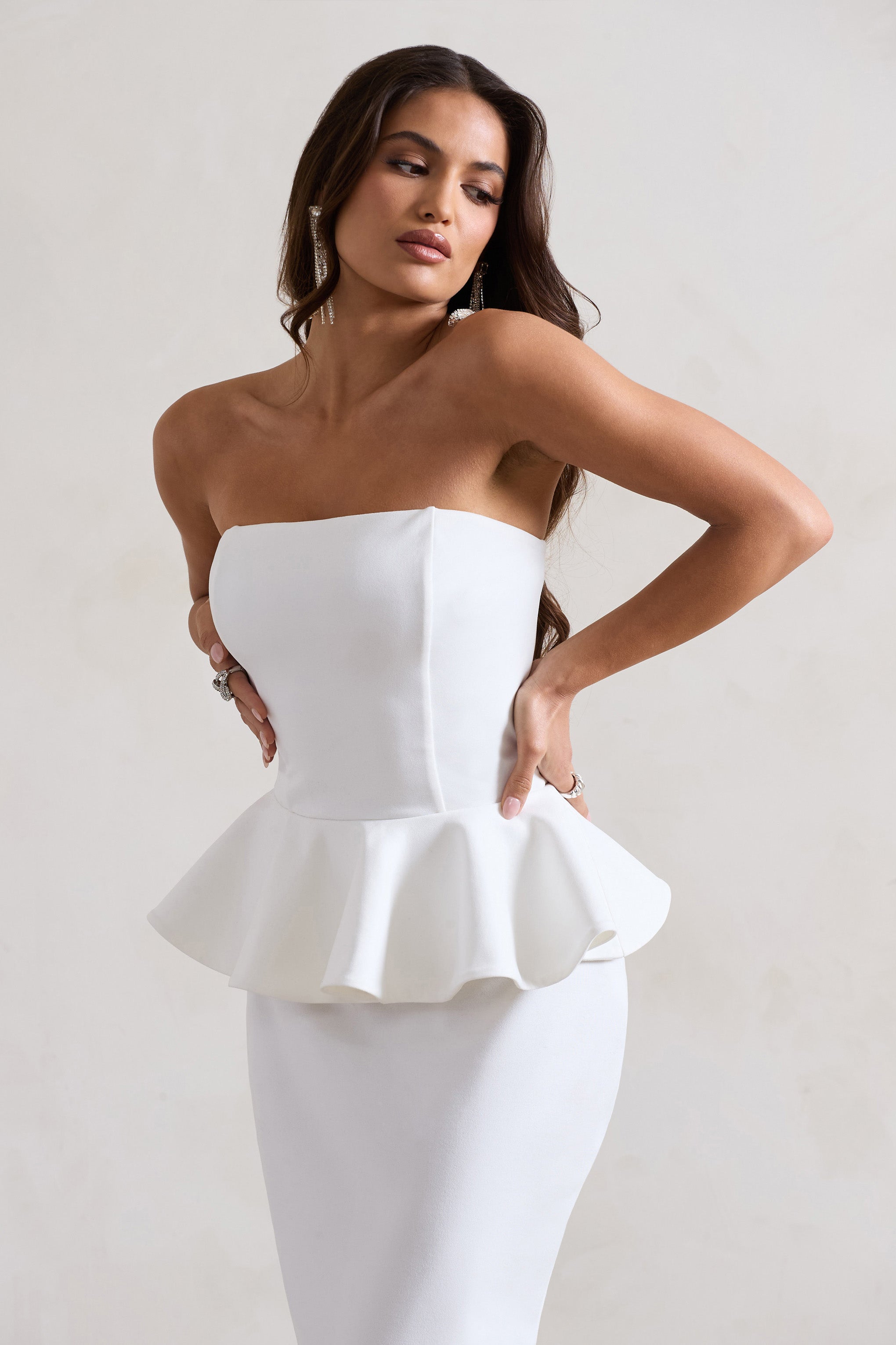 White Bodycon Bandeau Midi Dress With Peplum Detail