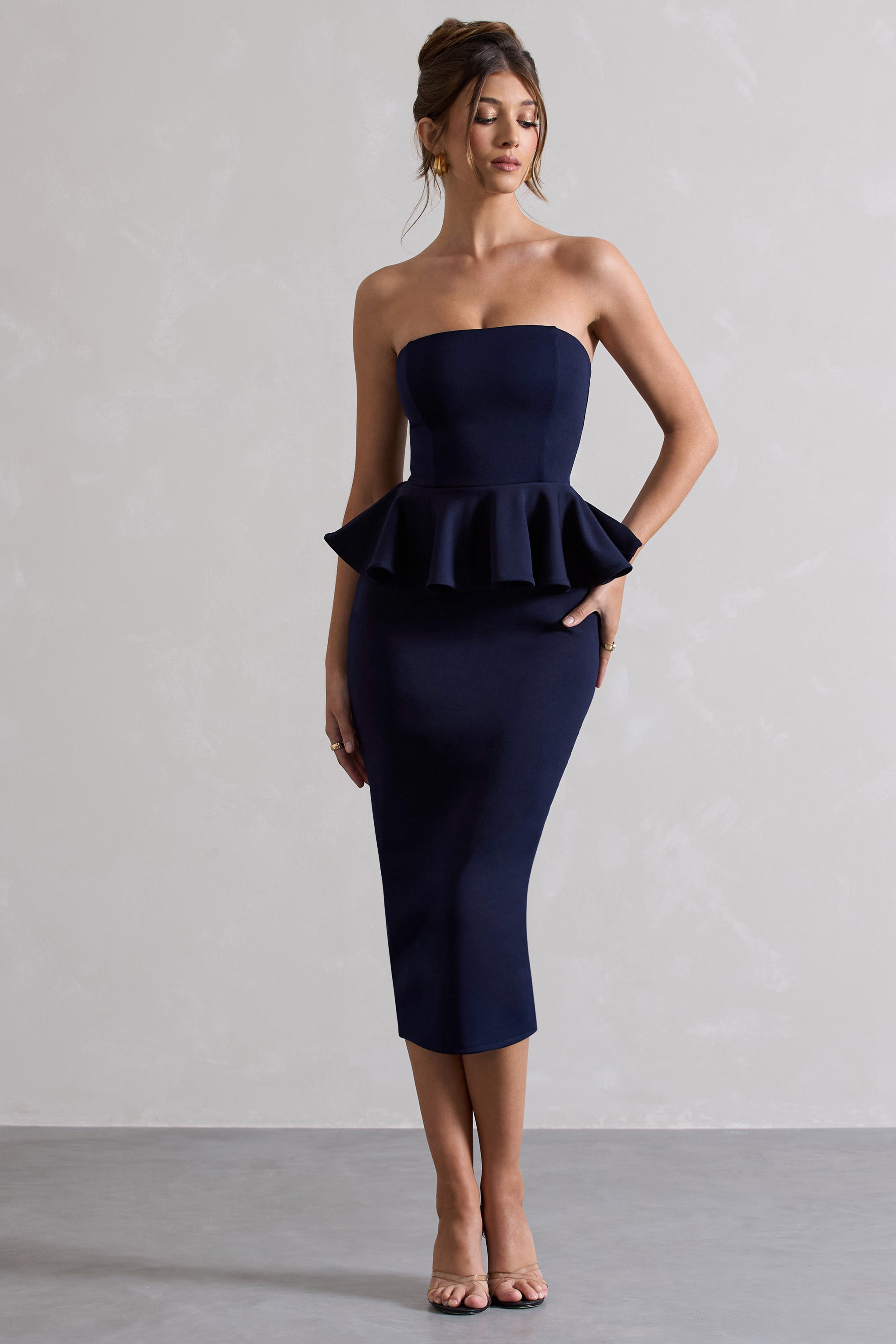 Navy Bodycon Bandeau Midi Dress With Peplum Detail