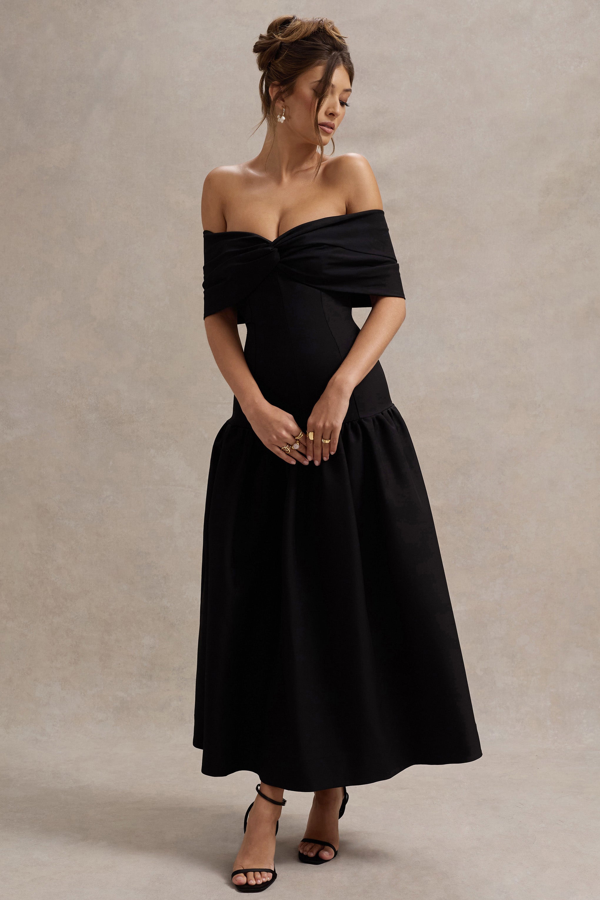 Black Twisted Bardot Drop-Waist Maxi Dress