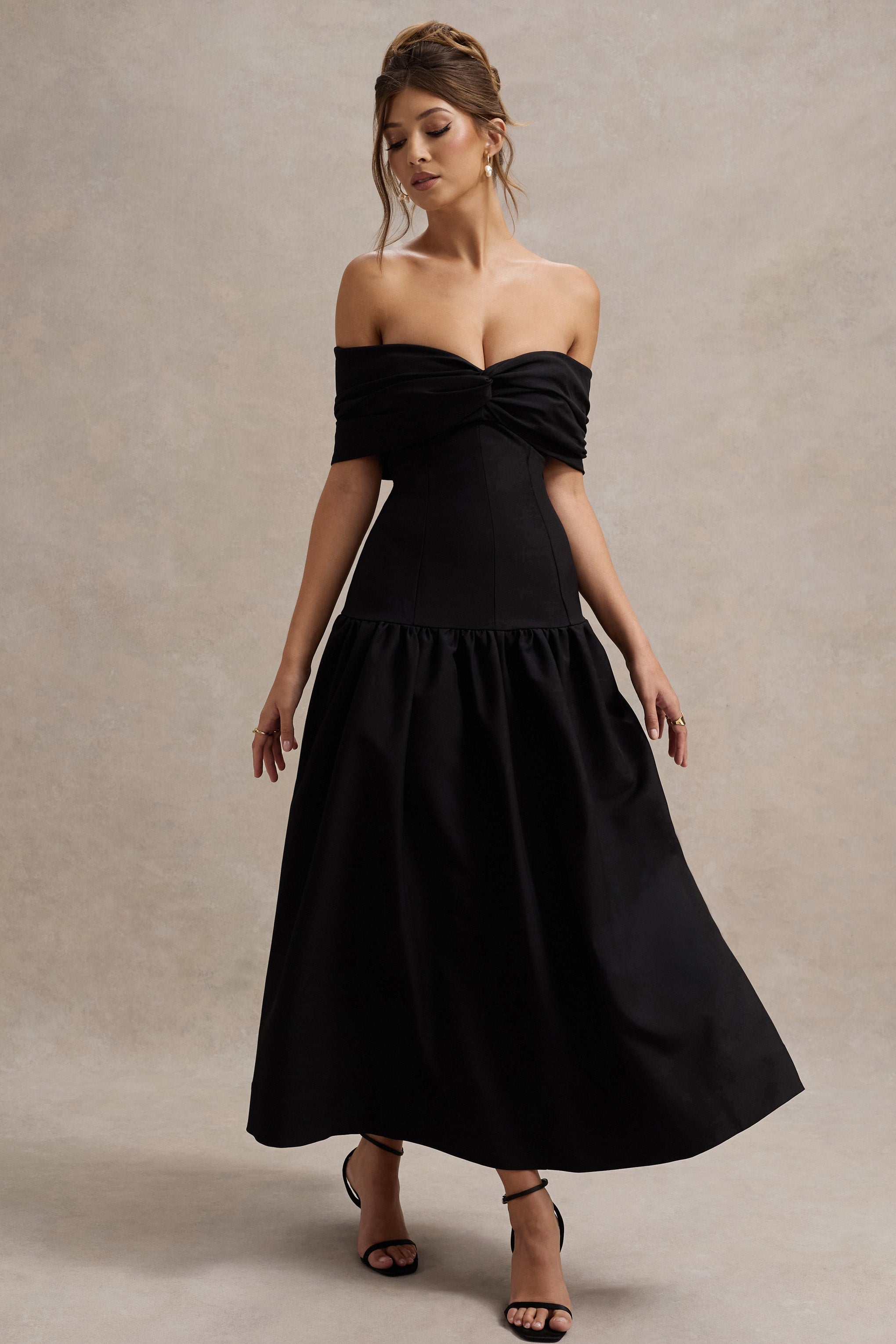 Black Twisted Bardot Drop-Waist Maxi Dress
