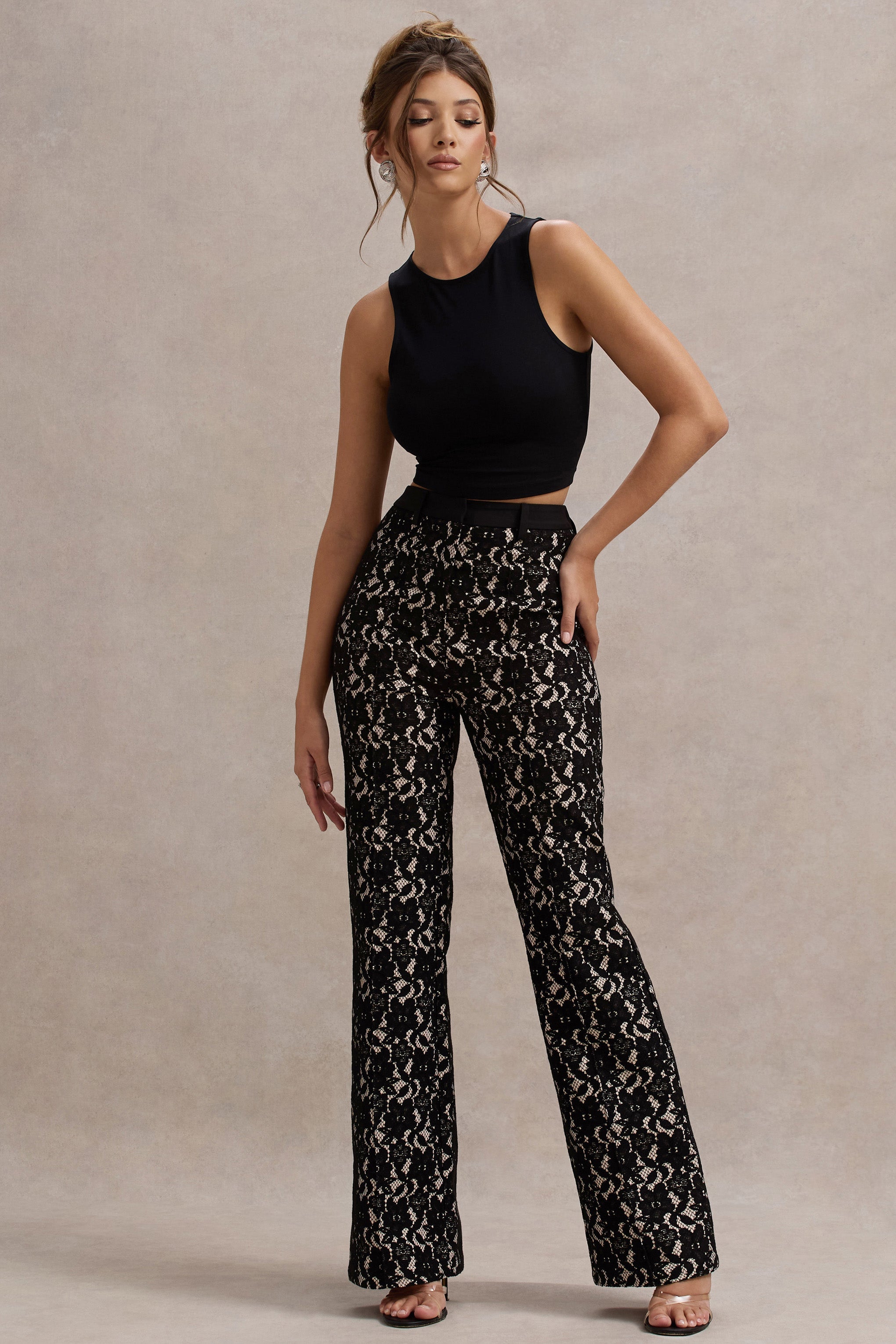 Black Lace Flared-Leg Trousers