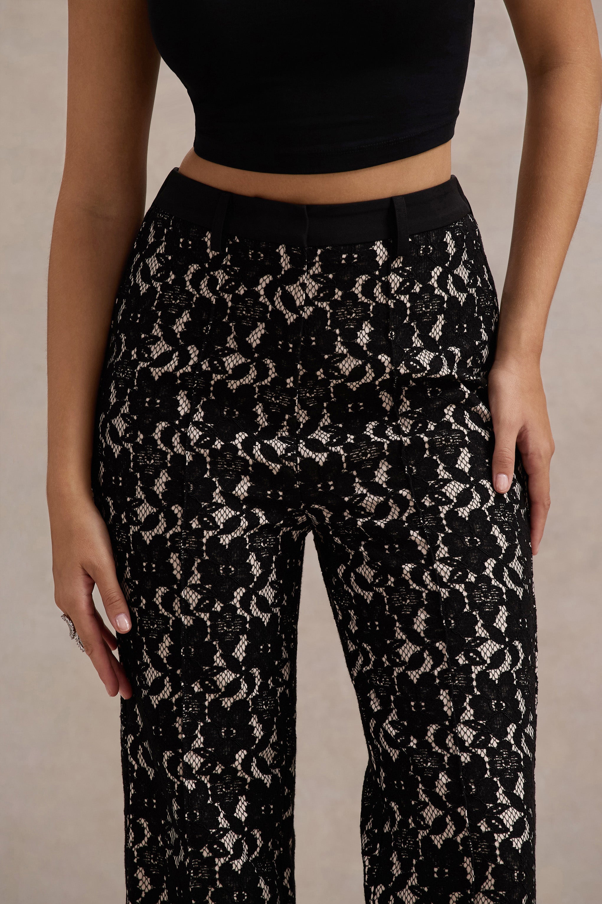 Black Lace Flared-Leg Trousers