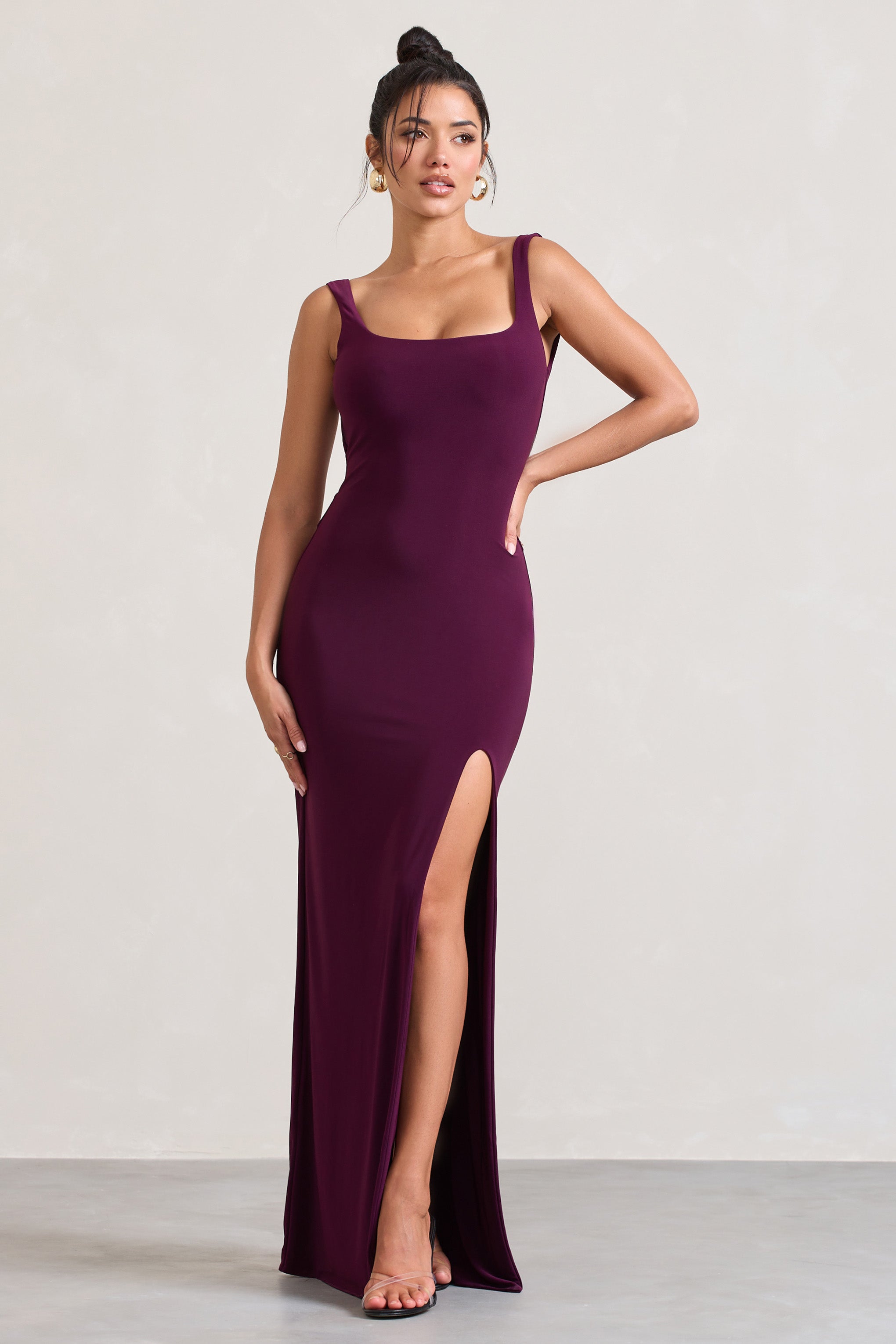 Plum Square-Neck Open-Back Split Maxi Dress