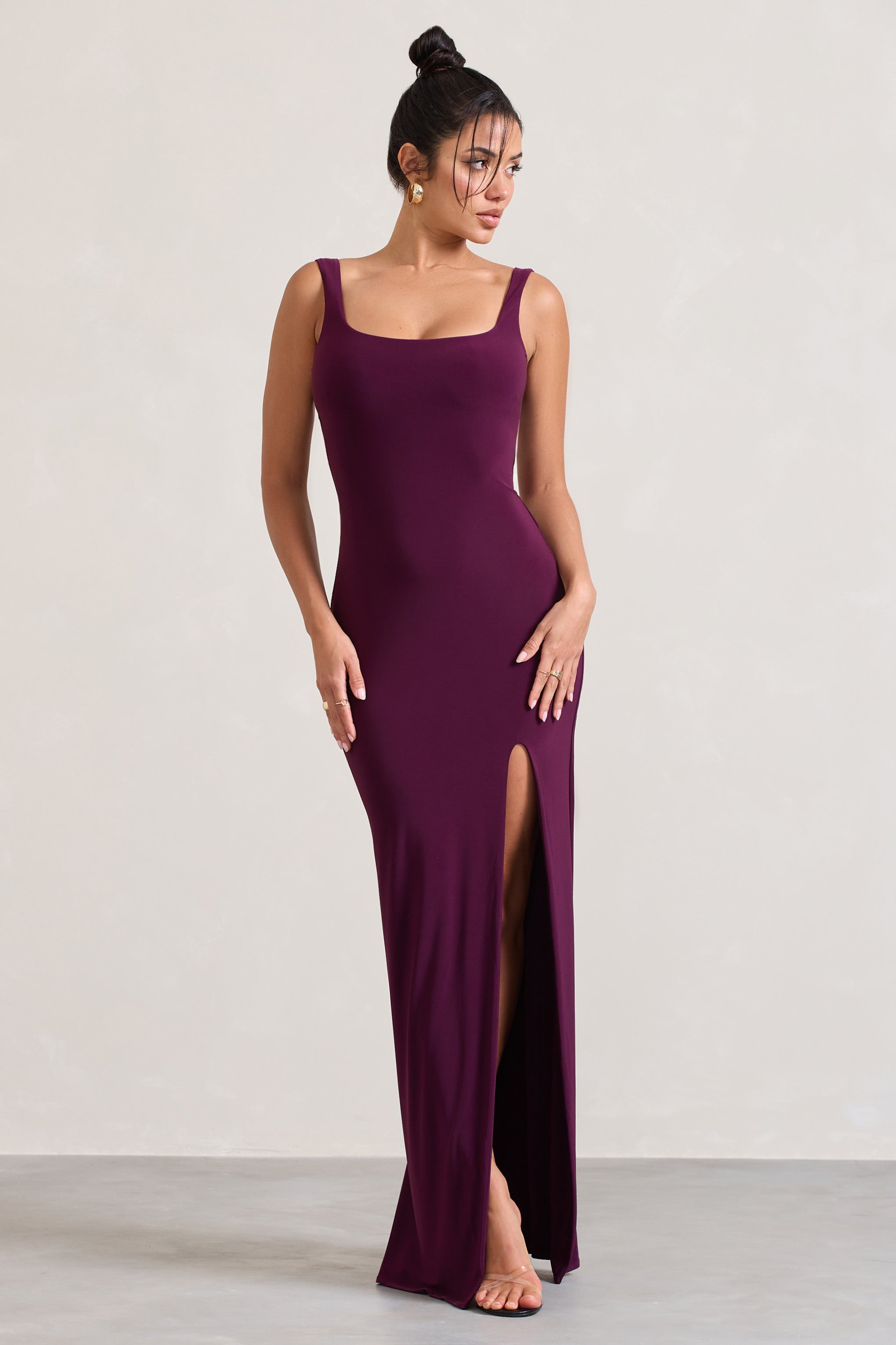 Plum Square-Neck Open-Back Split Maxi Dress
