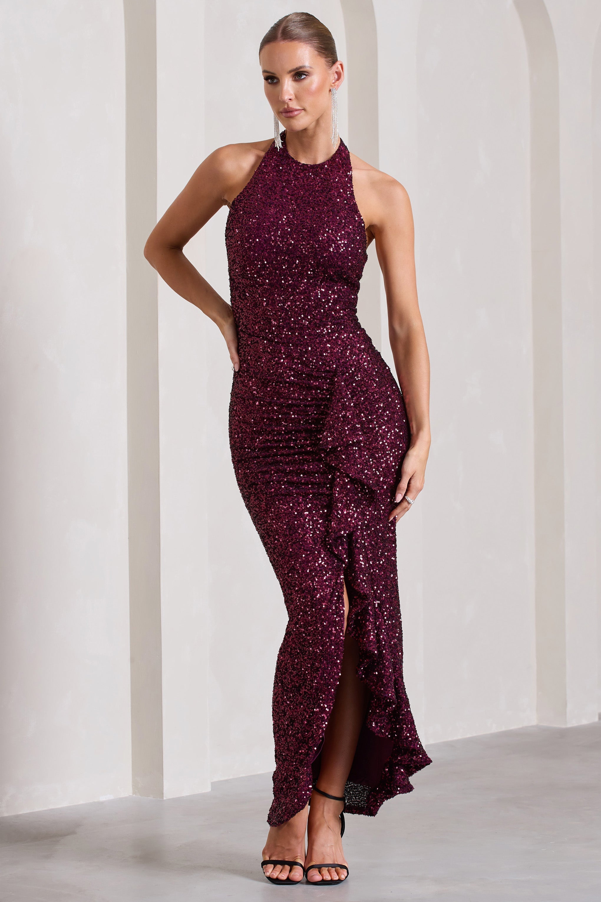 Plum Sequin High-Neck Open-Back Maxi Dress With Drape
