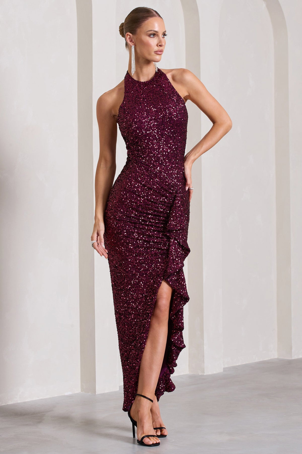 Plum Sequin High-Neck Open-Back Maxi Dress With Drape