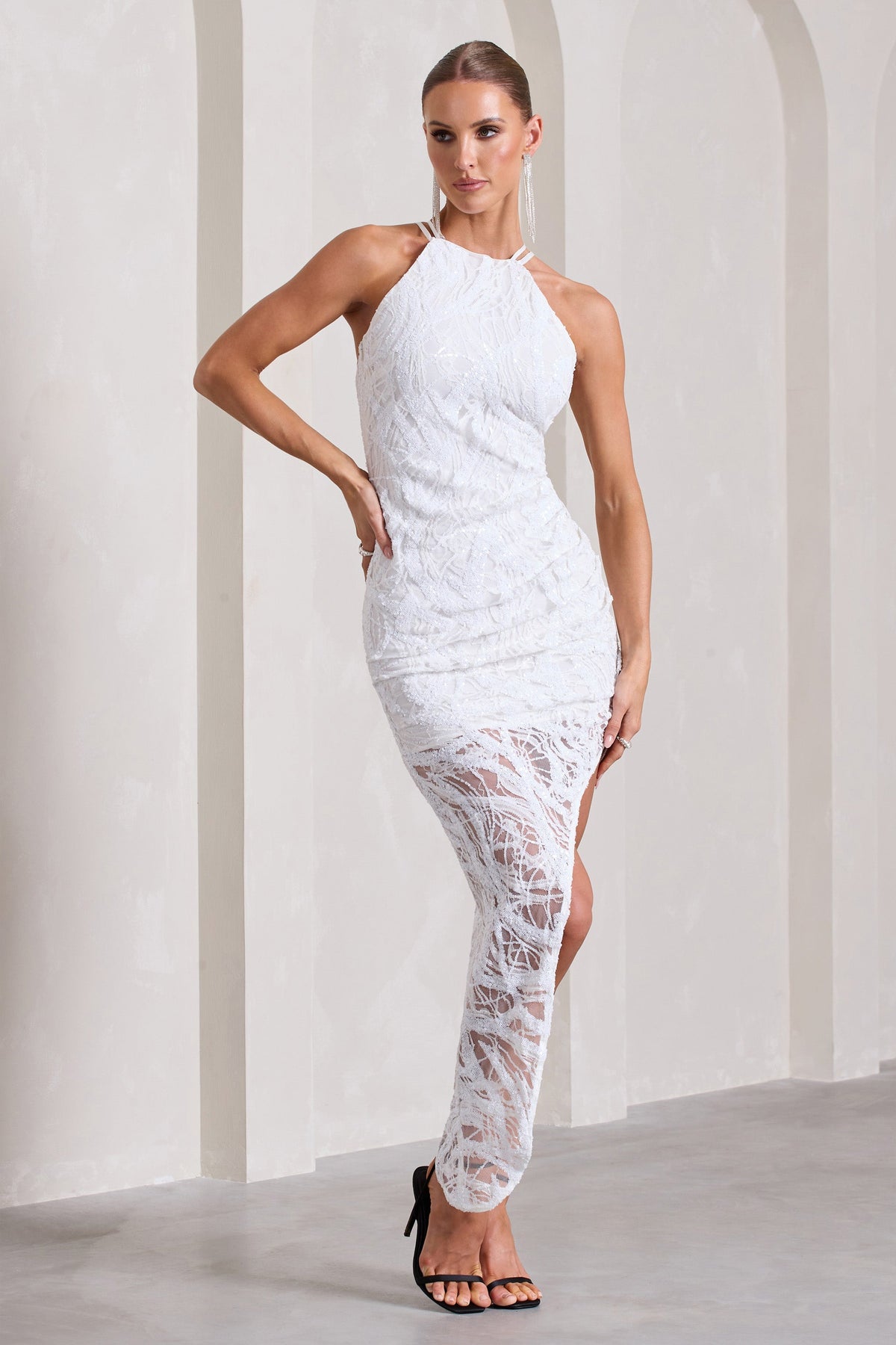White Sequin Asymmetric Strappy Maxi Dress