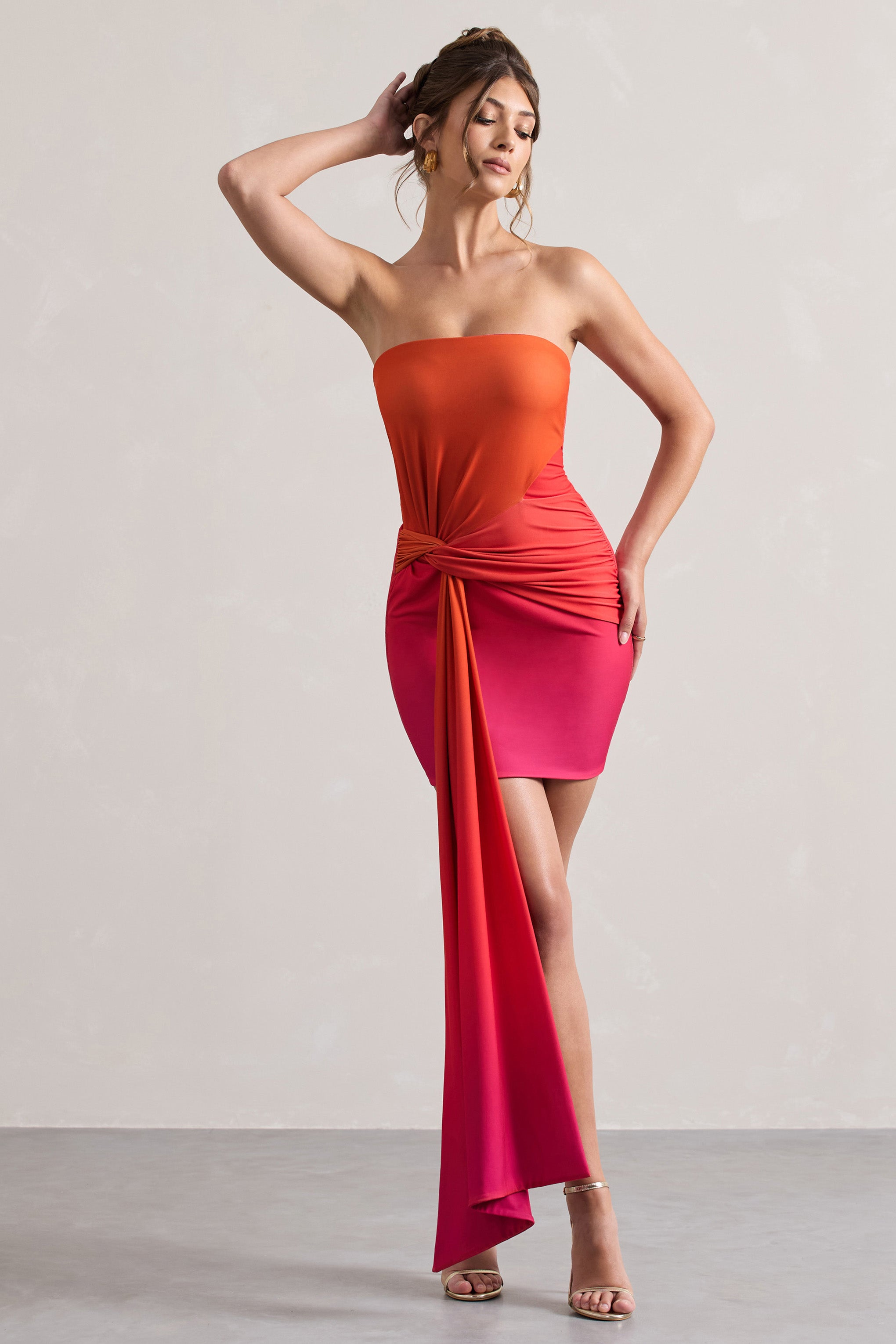 Pink & Orange Ombre Bandeau Mini Dress With Twisted Sash