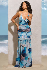 White Print Halter-Neck Chiffon Fishtail Maxi Dress