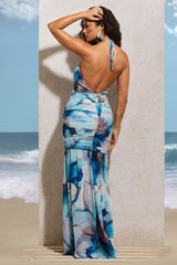 White Print Halter-Neck Chiffon Fishtail Maxi Dress