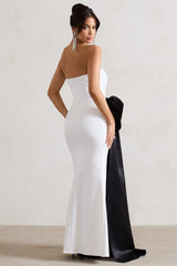 White Bandeau Split Maxi Dress With Oversized Black Bow