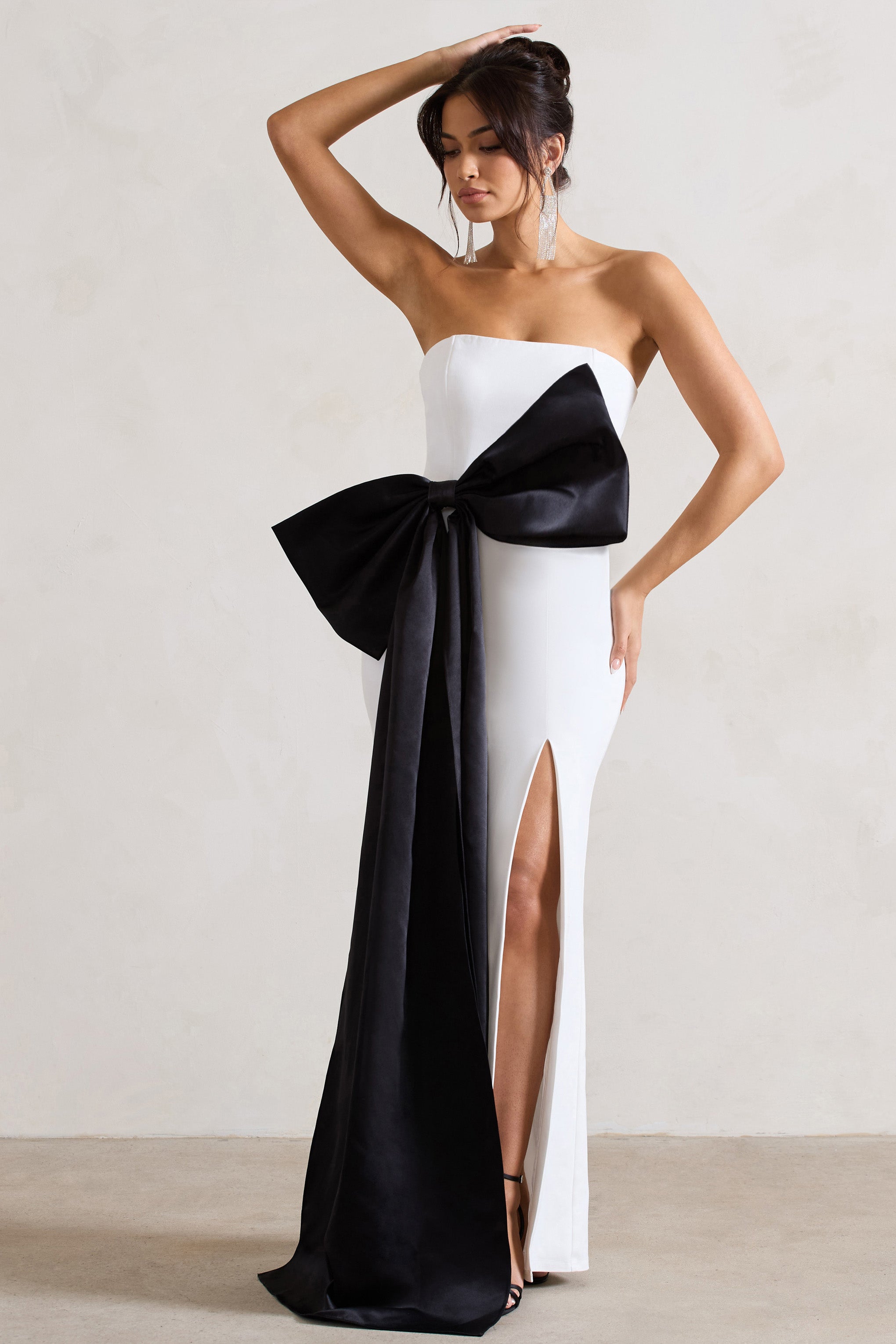 White Bandeau Split Maxi Dress With Oversized Black Bow