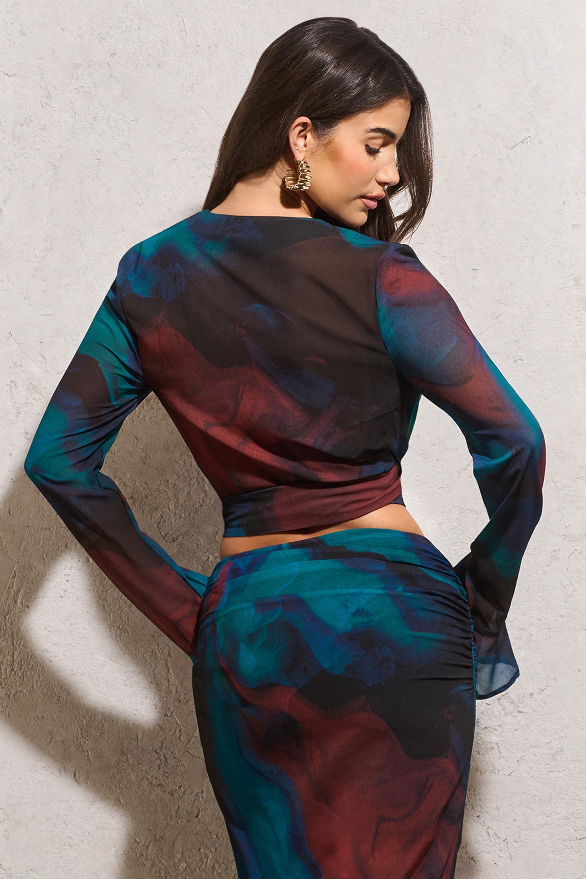Blue Print Chiffon Flared-Sleeve Wrap Top