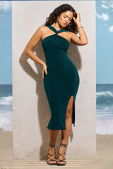 Bottle Green Twist-Neck Split Maxi Dress