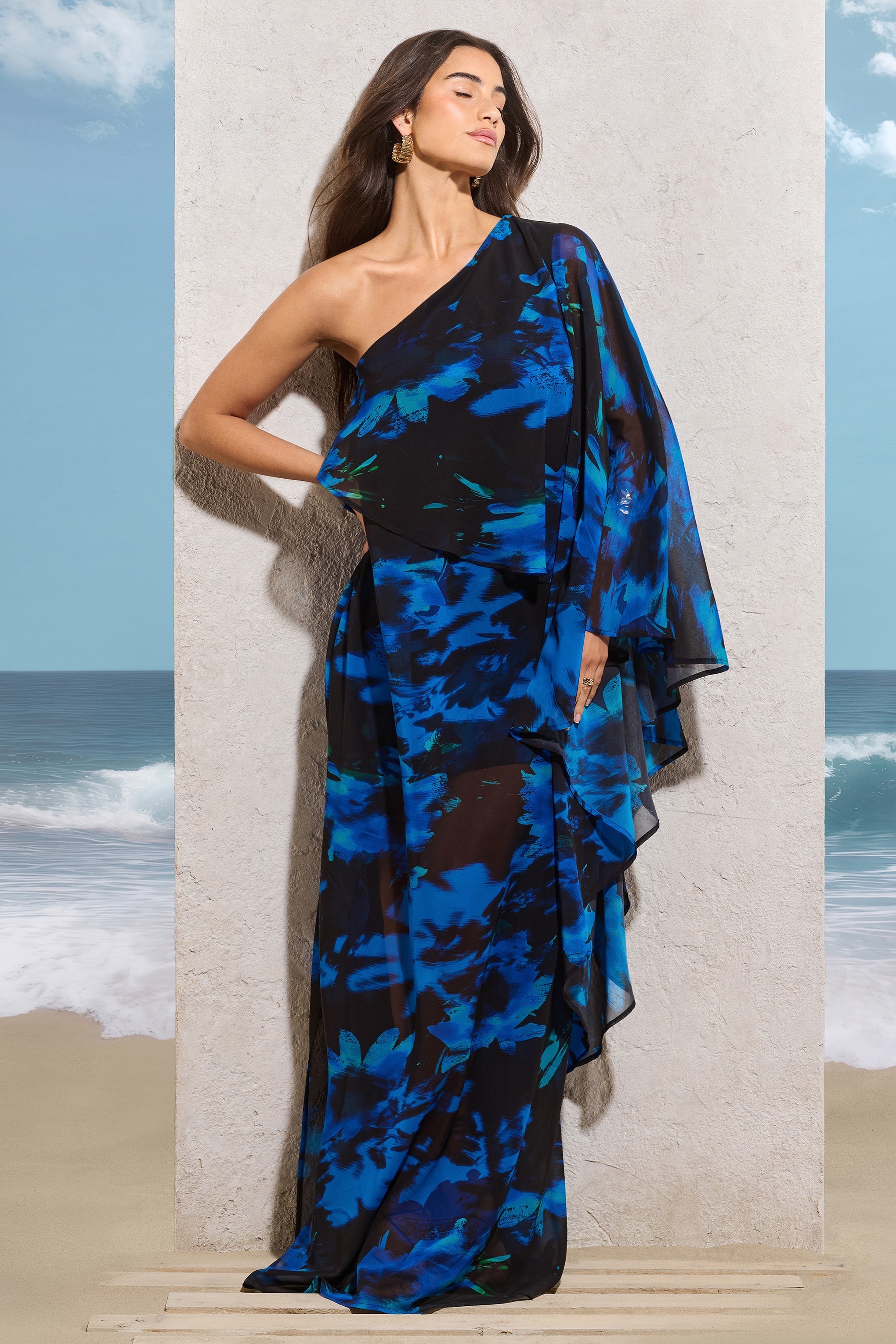 Navy Floral Print Chiffon Oversized Asymmetric Maxi Dress