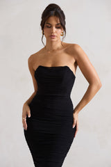 Black Ruched Corset Bodycon Midi Dress