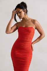 Orange Ruched Corset Bodycon Midi Dress