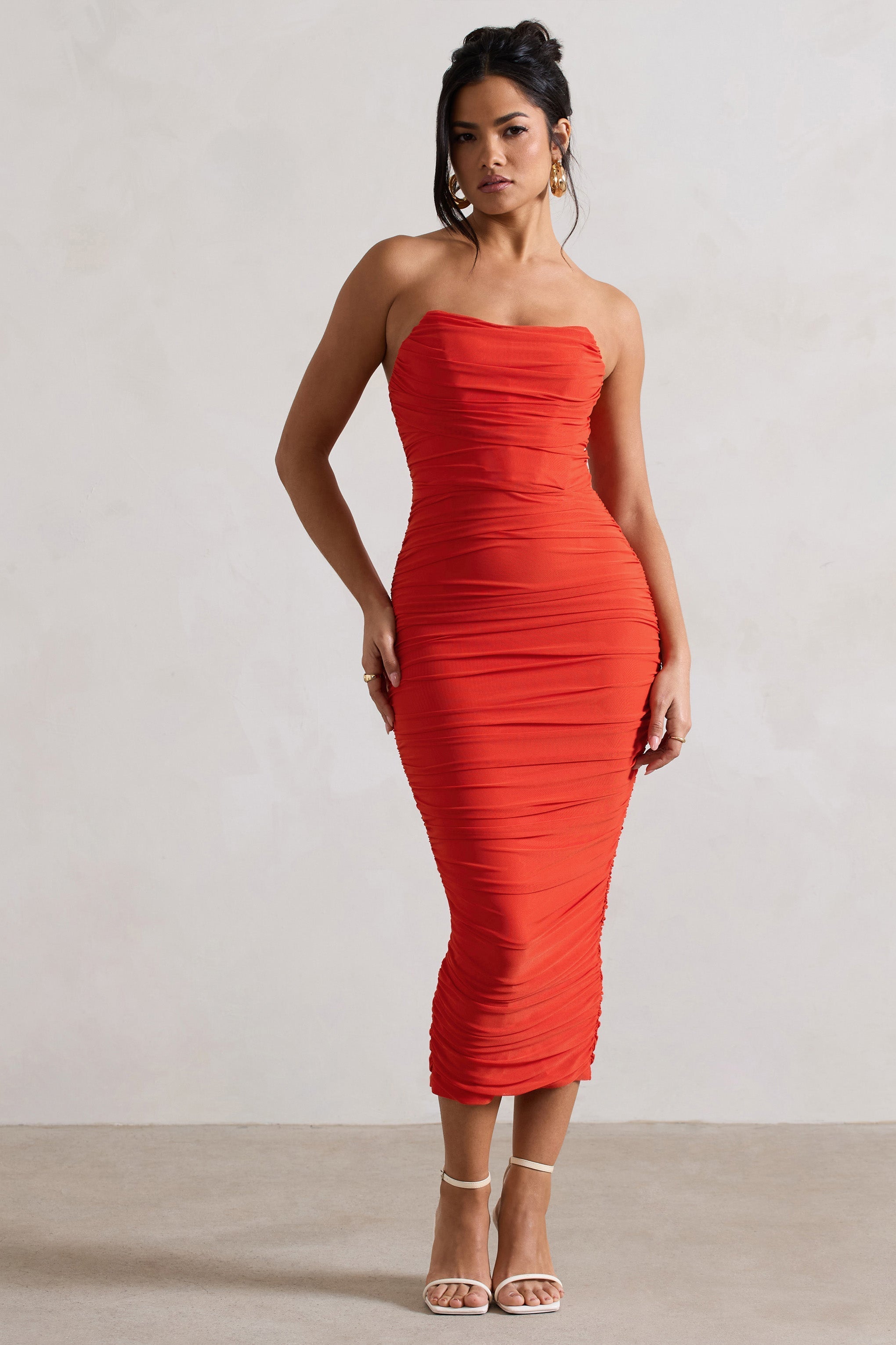 Orange Ruched Corset Bodycon Midi Dress